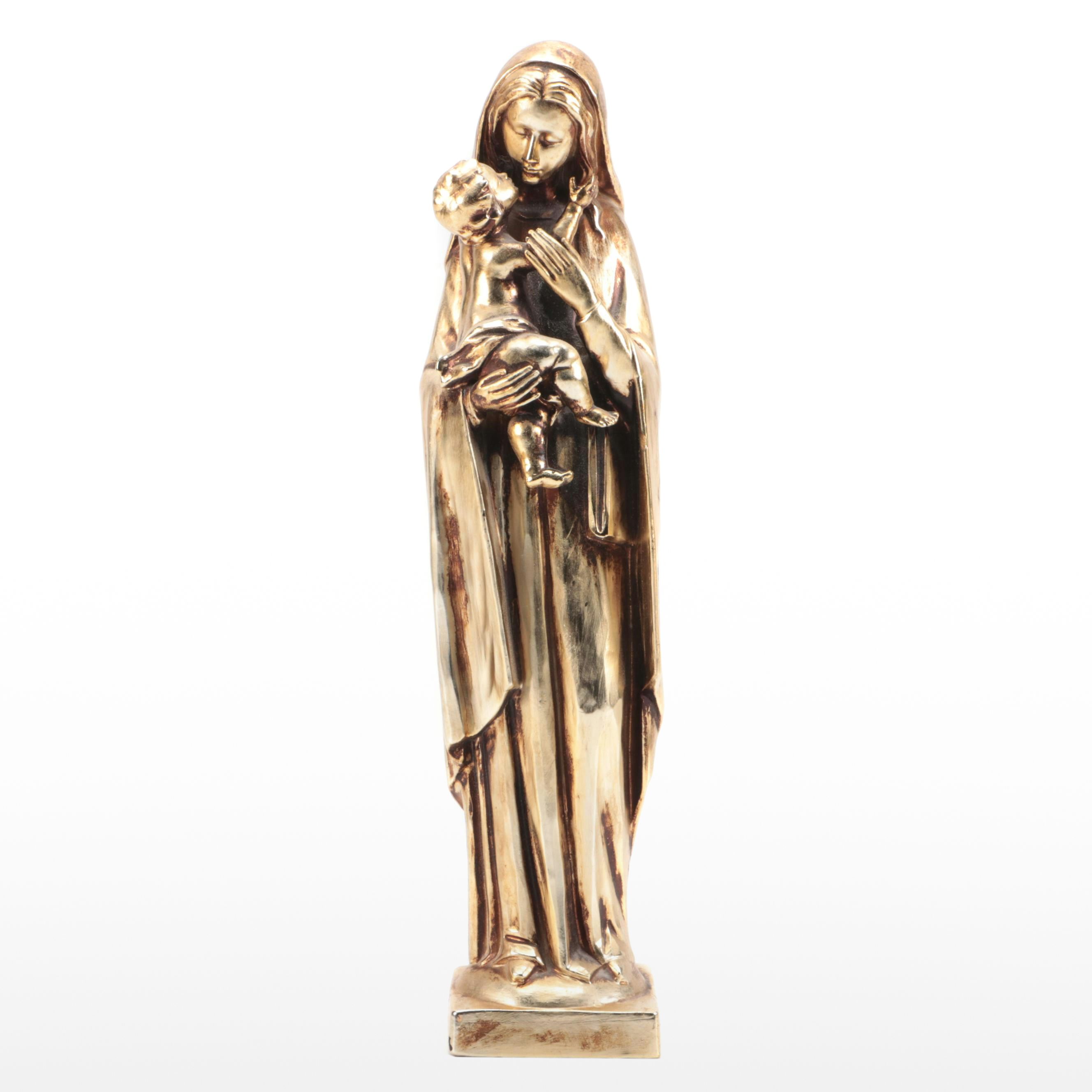 Gold Finished Ceramic Madonna and Child Figurine