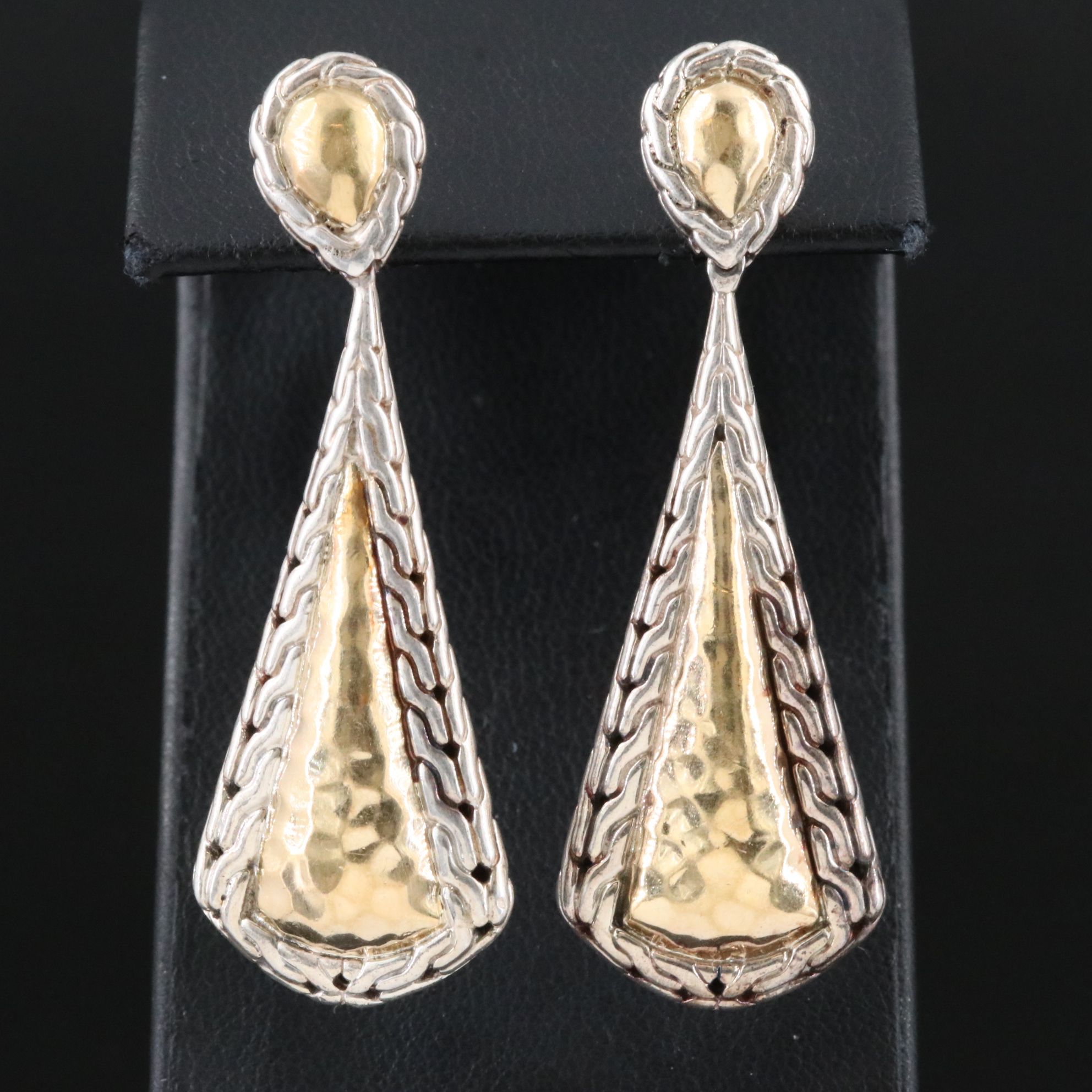 John Hardy Palu Sterling and 22K Hammered Pendulum Earrings