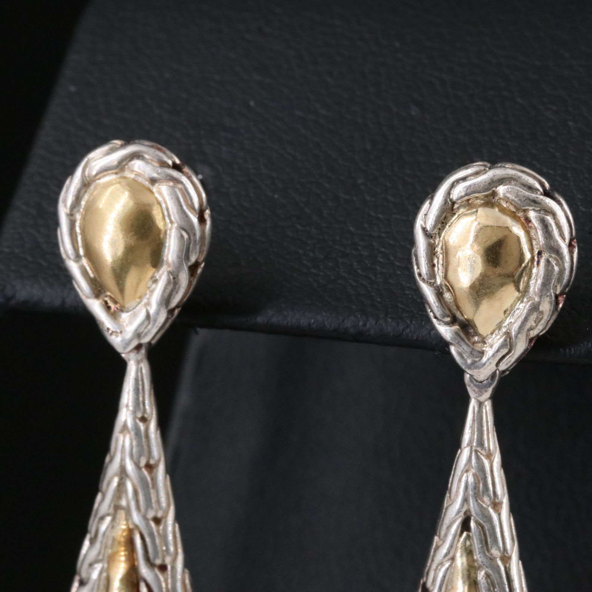 John Hardy Palu Sterling and 22K Hammered Pendulum Earrings
