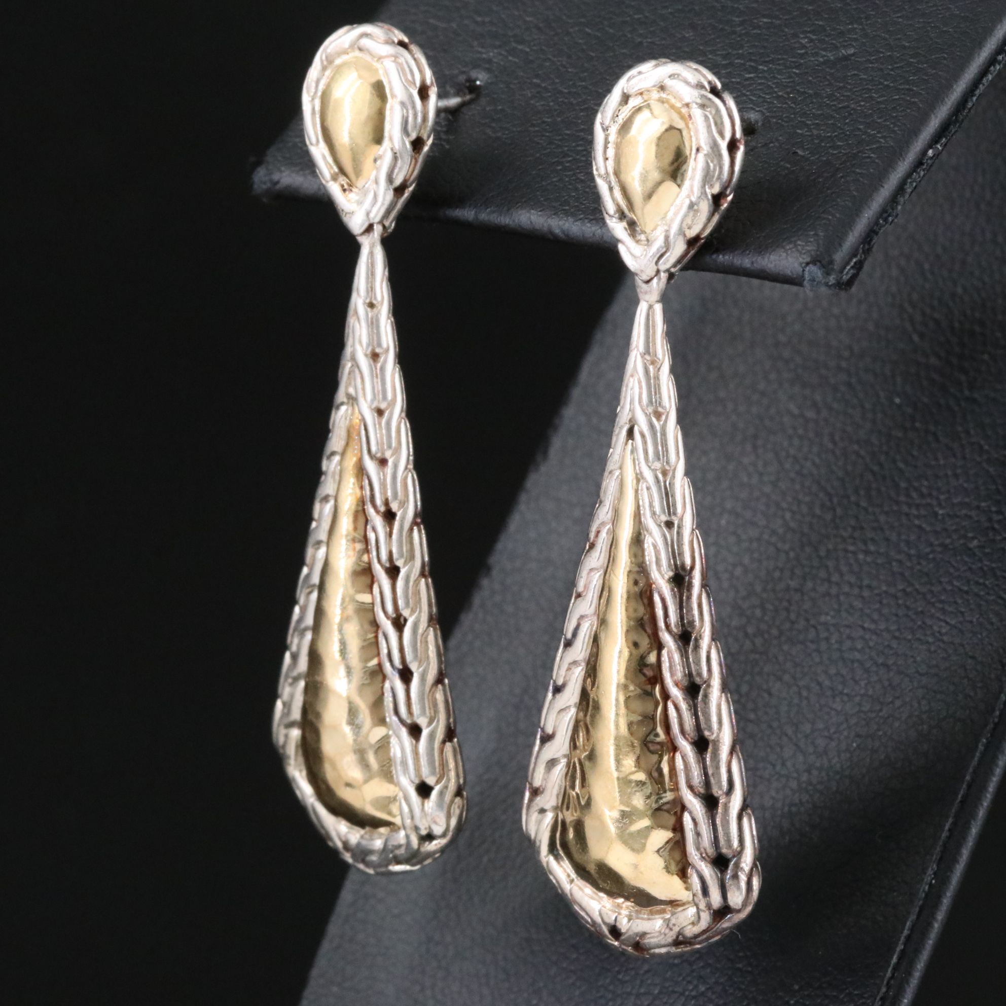 John Hardy Palu Sterling and 22K Hammered Pendulum Earrings