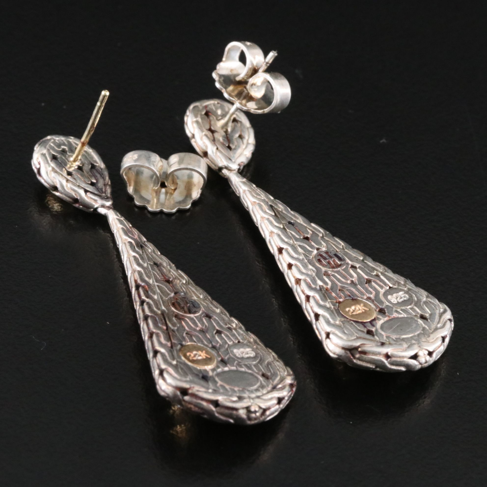 John Hardy Palu Sterling and 22K Hammered Pendulum Earrings