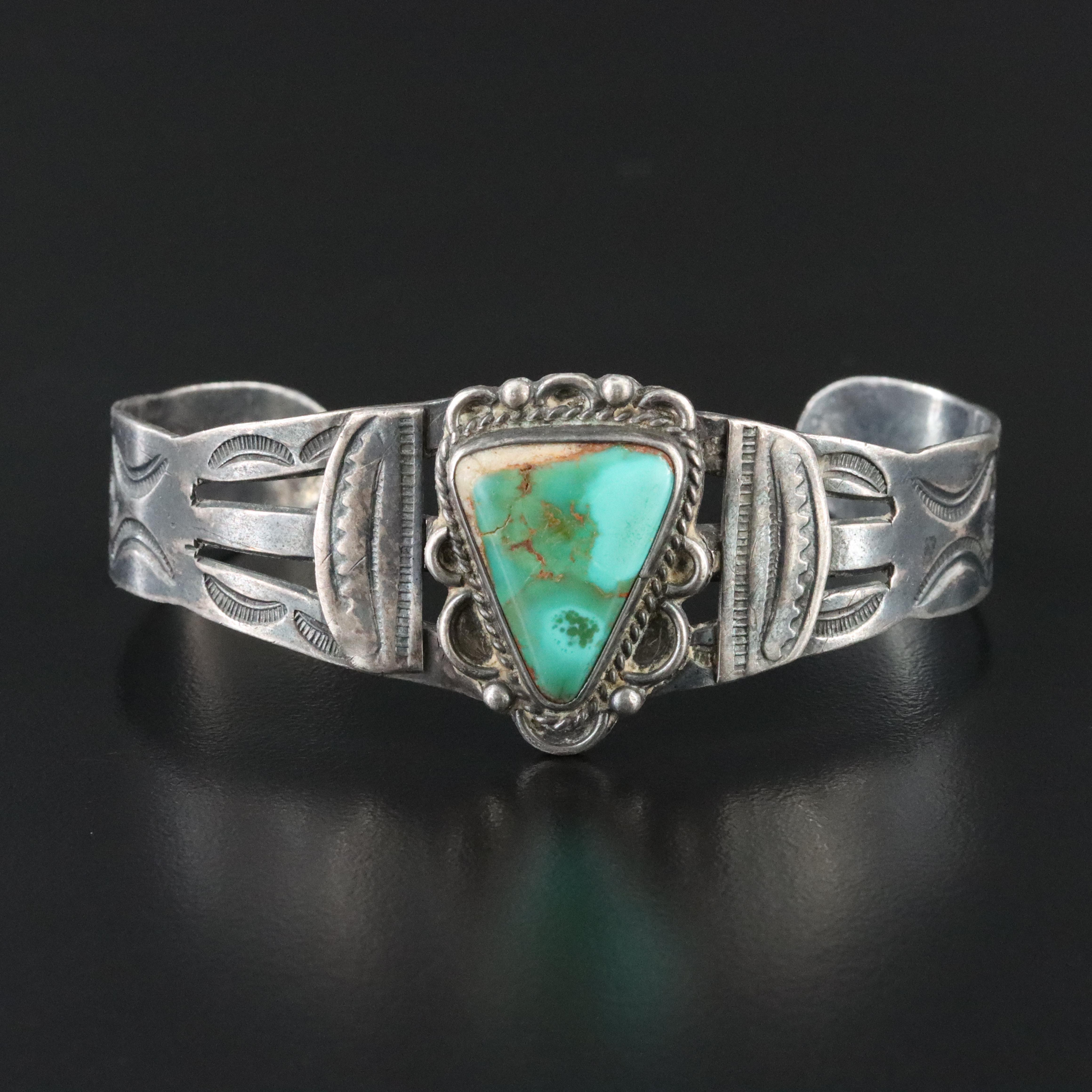 Vintage Sterling Turquoise Fred Harvey Style Stampwork Cuff Bracelet