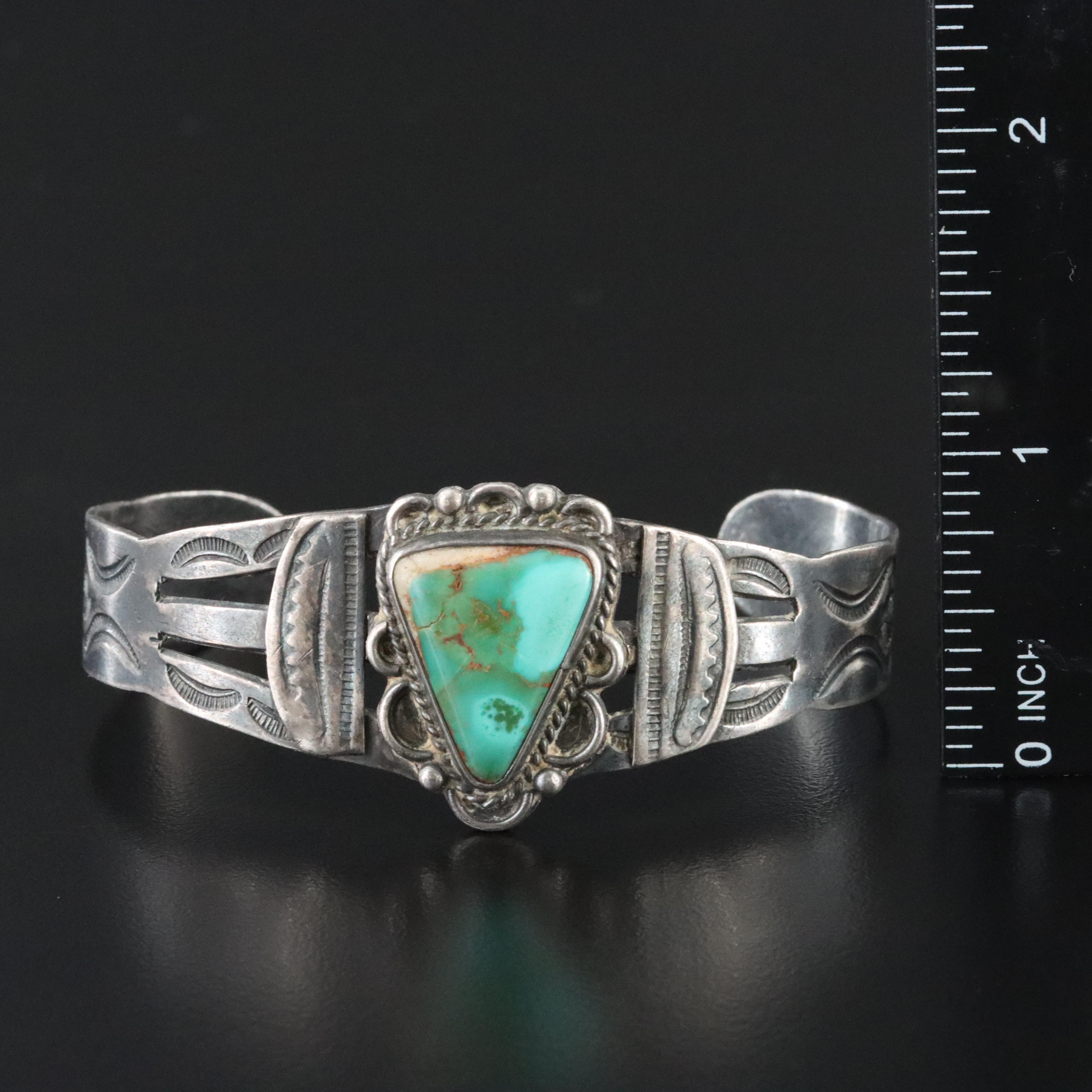 Vintage Sterling Turquoise Fred Harvey Style Stampwork Cuff Bracelet