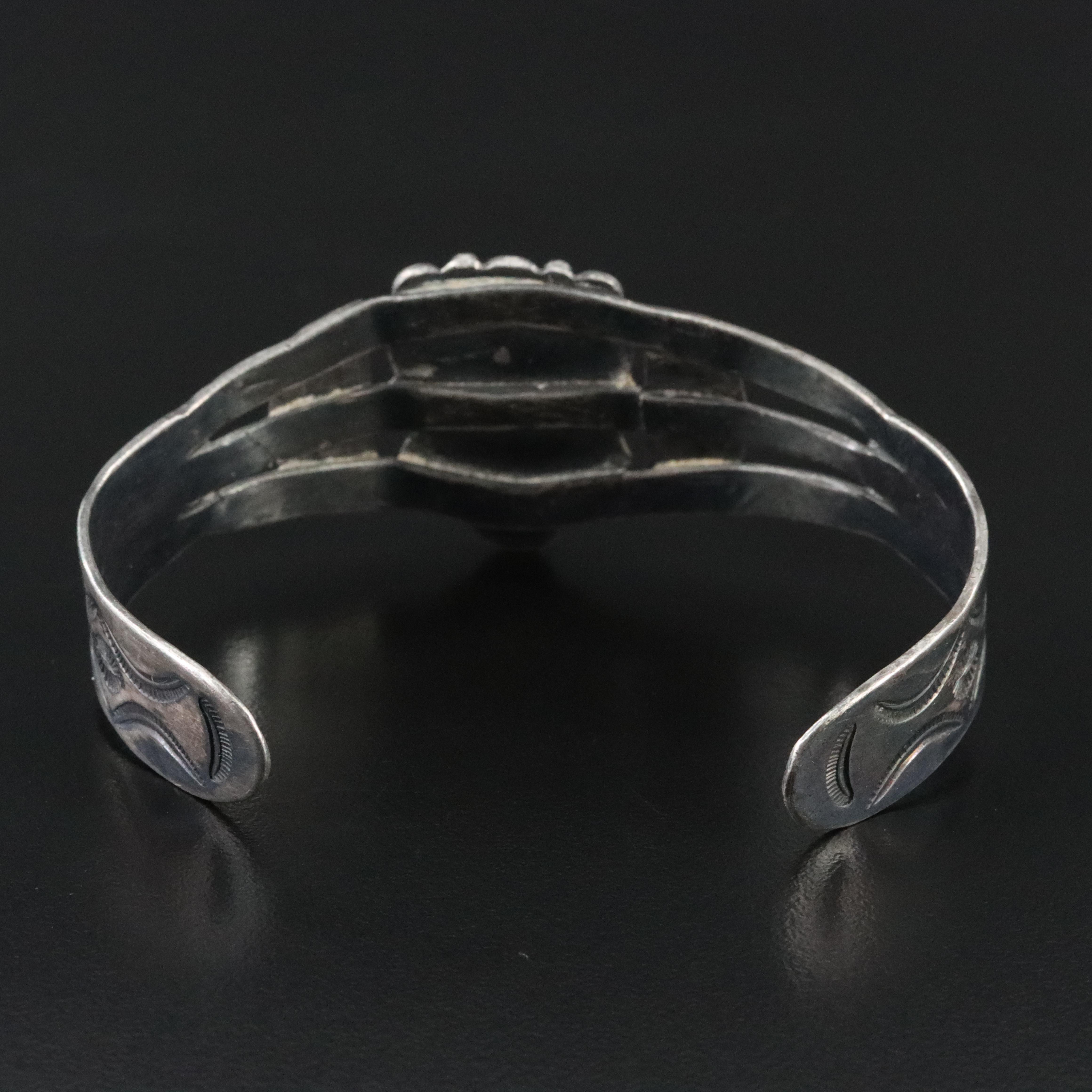 Vintage Sterling Turquoise Fred Harvey Style Stampwork Cuff Bracelet