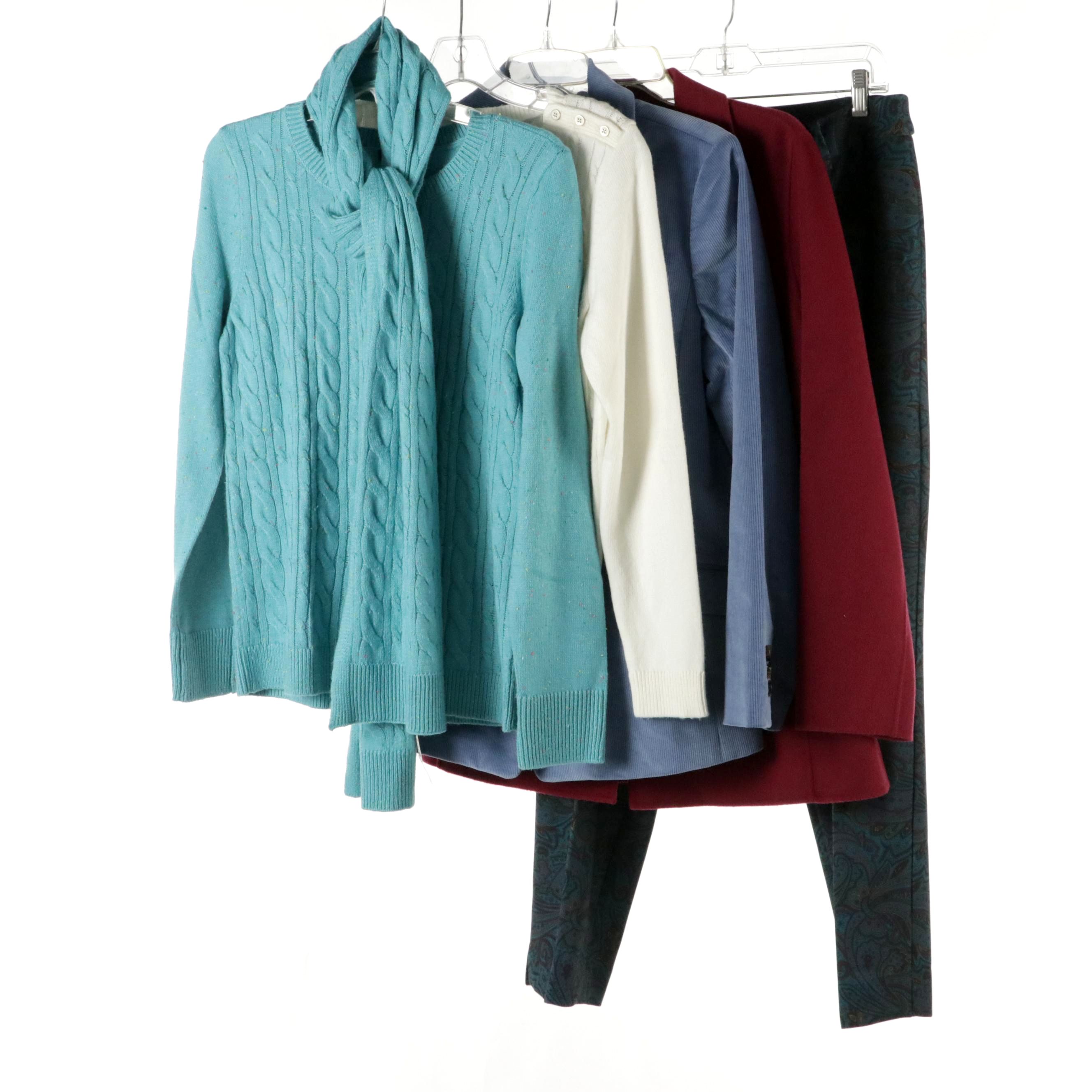 Talbots Corduroy Blazer, Wool Coat, Cable Knit Cotton Sweaters & Printed Pants