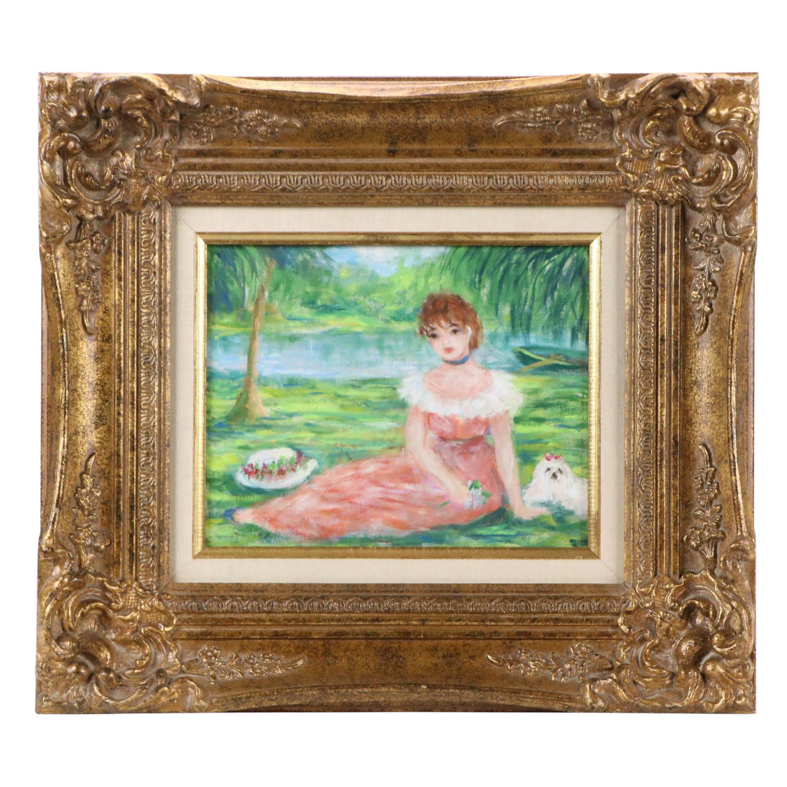 Huldah Cherry Jeffe Oil Painting "Relaxing By The Lake," 1988