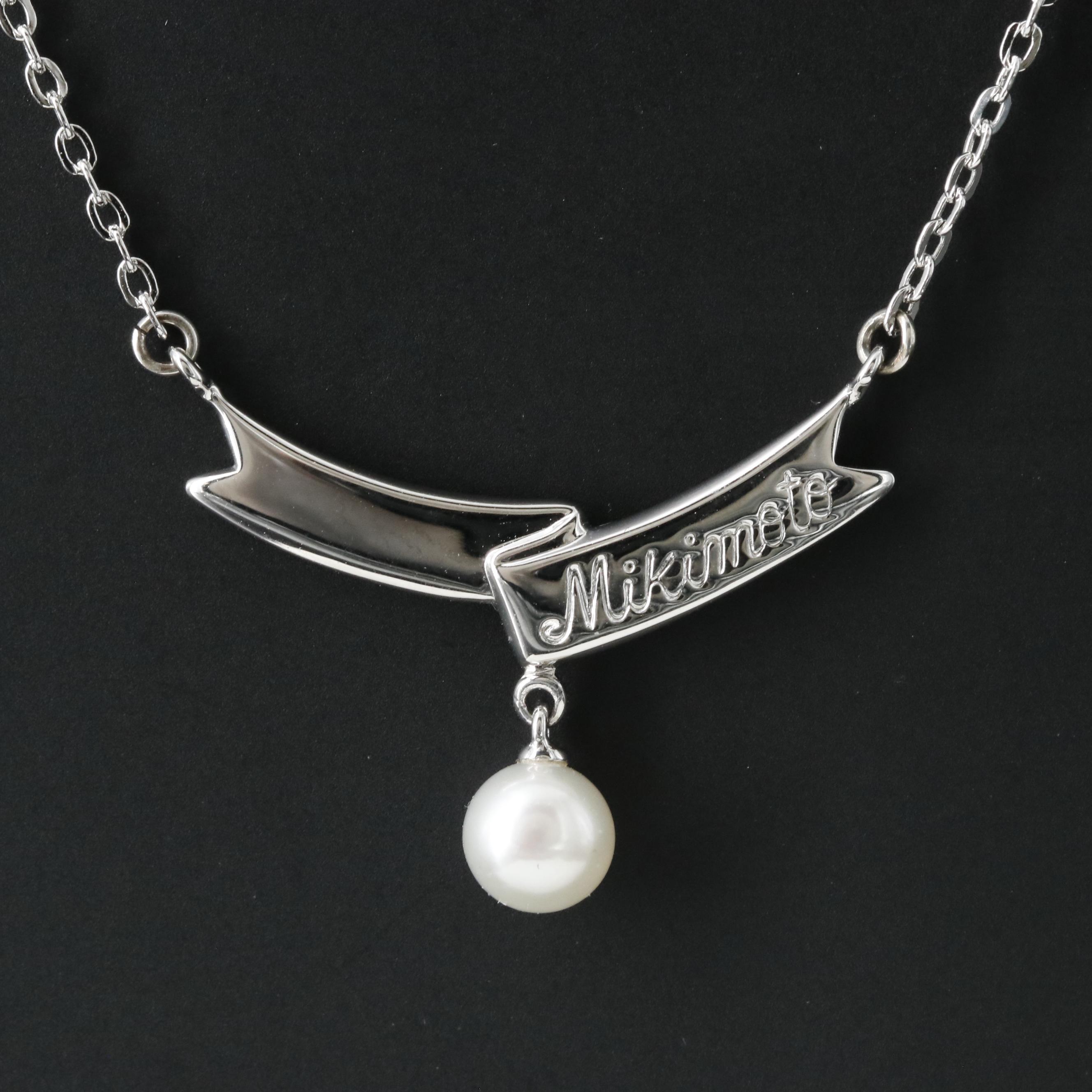 Mikimoto Logo Sterling Ribbon Pearl Drop Necklace