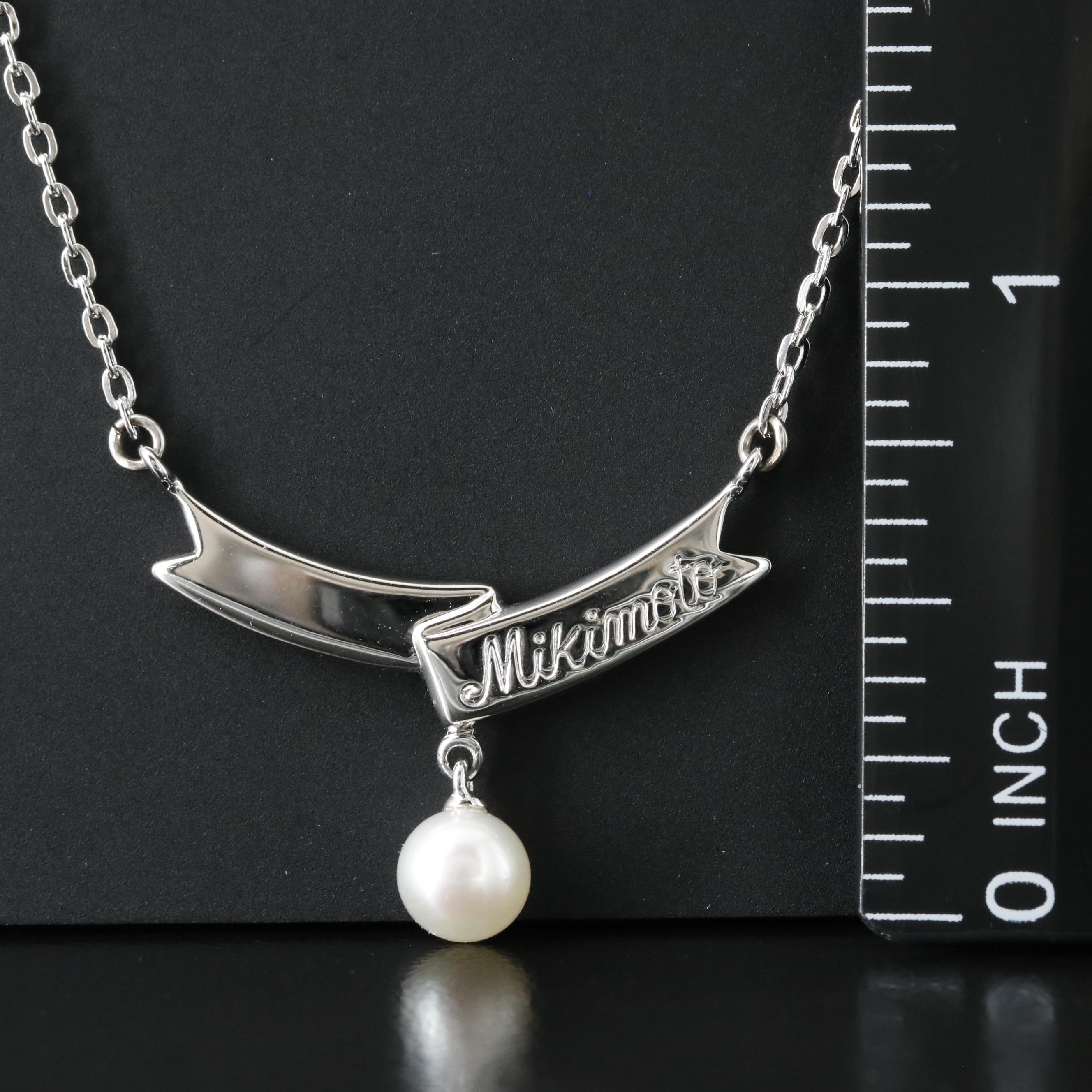 Mikimoto Logo Sterling Ribbon Pearl Drop Necklace