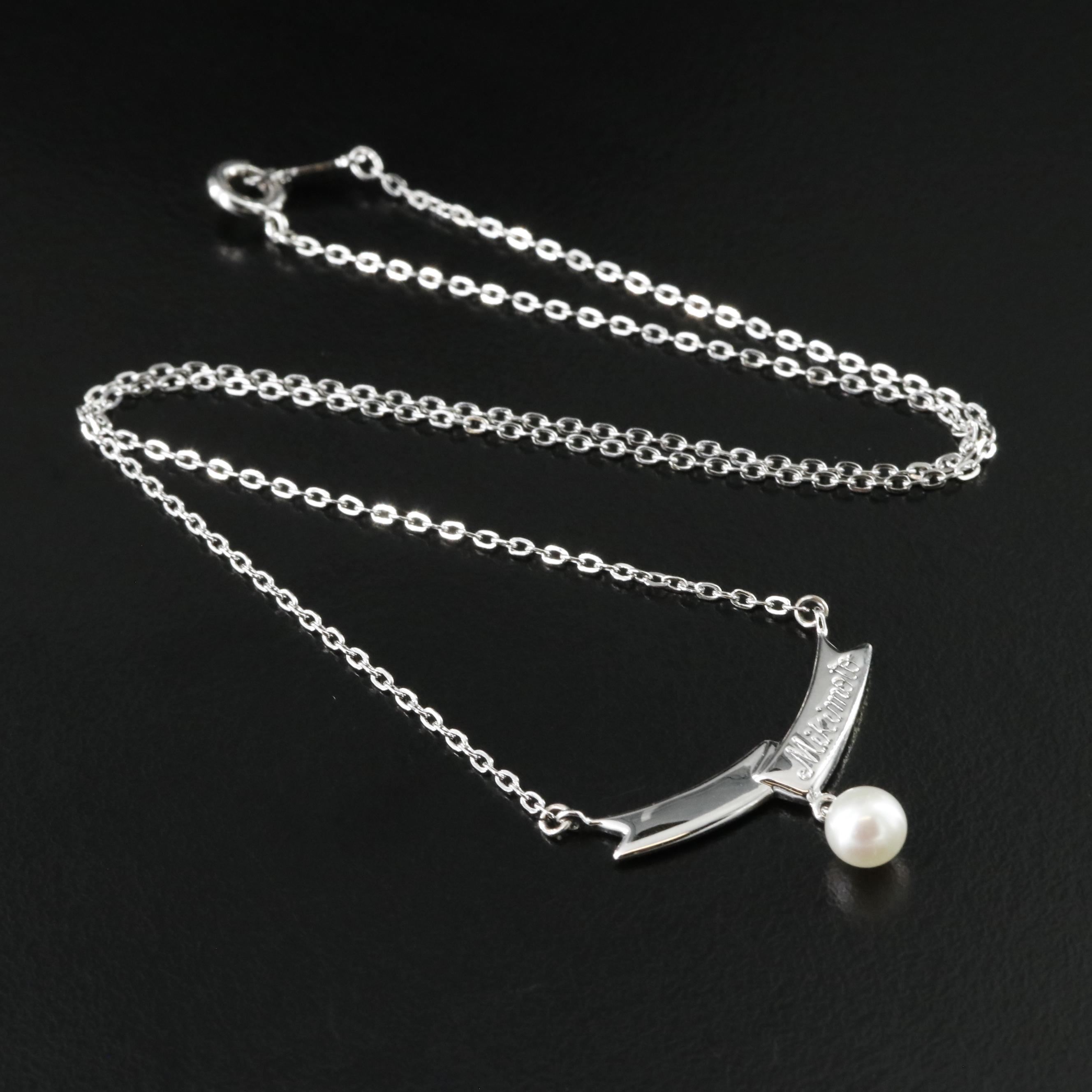 Mikimoto Logo Sterling Ribbon Pearl Drop Necklace