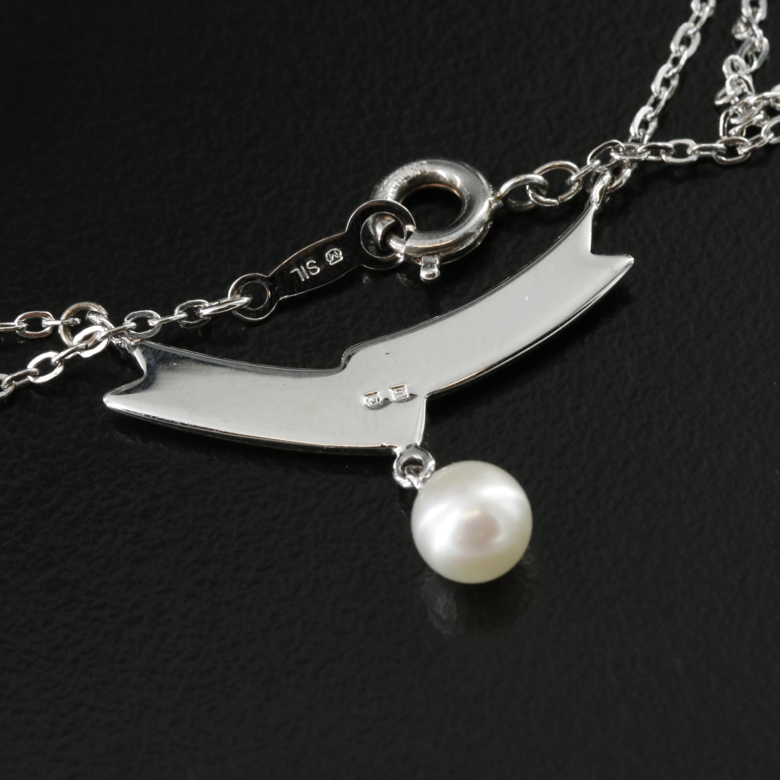 Mikimoto Logo Sterling Ribbon Pearl Drop Necklace