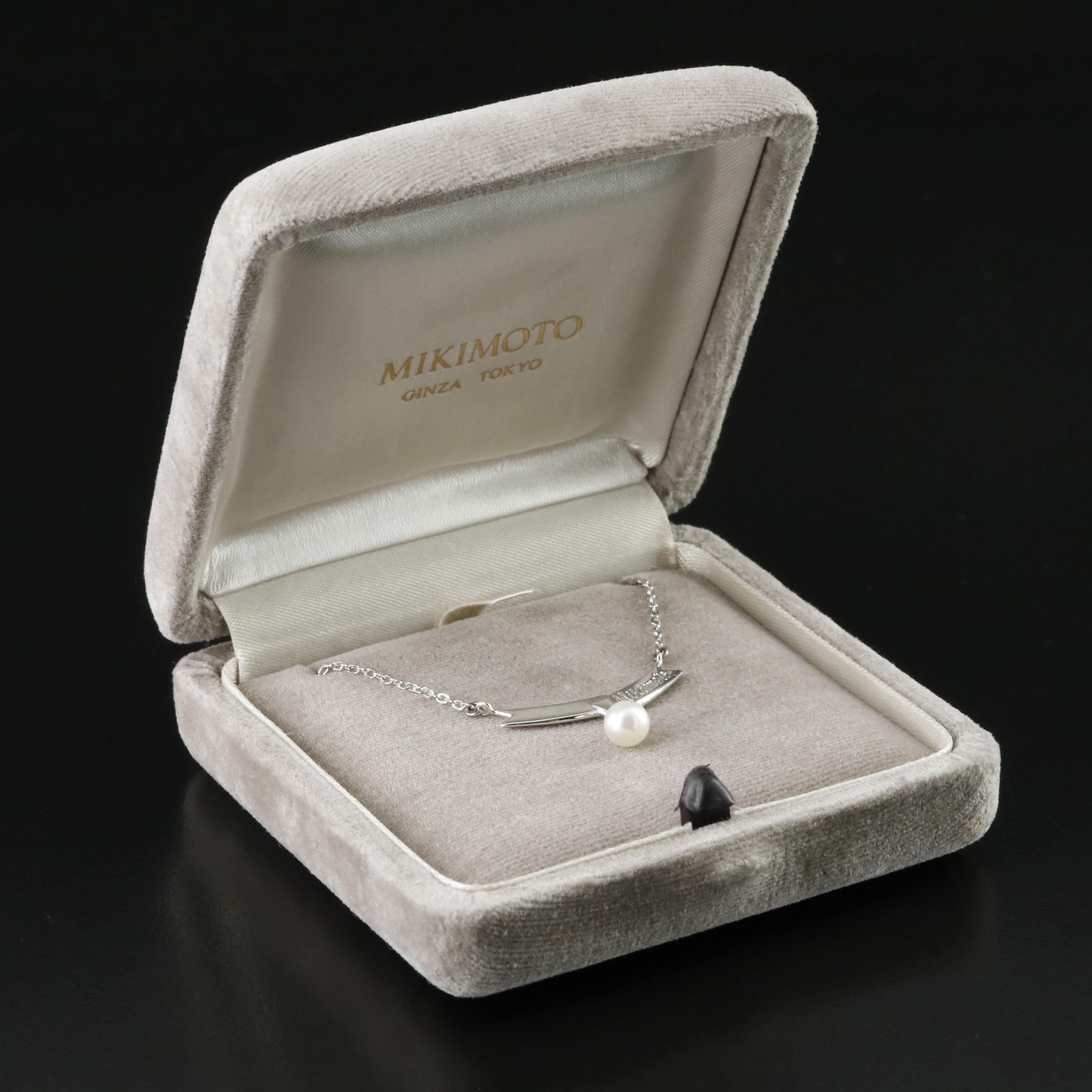 Mikimoto Logo Sterling Ribbon Pearl Drop Necklace