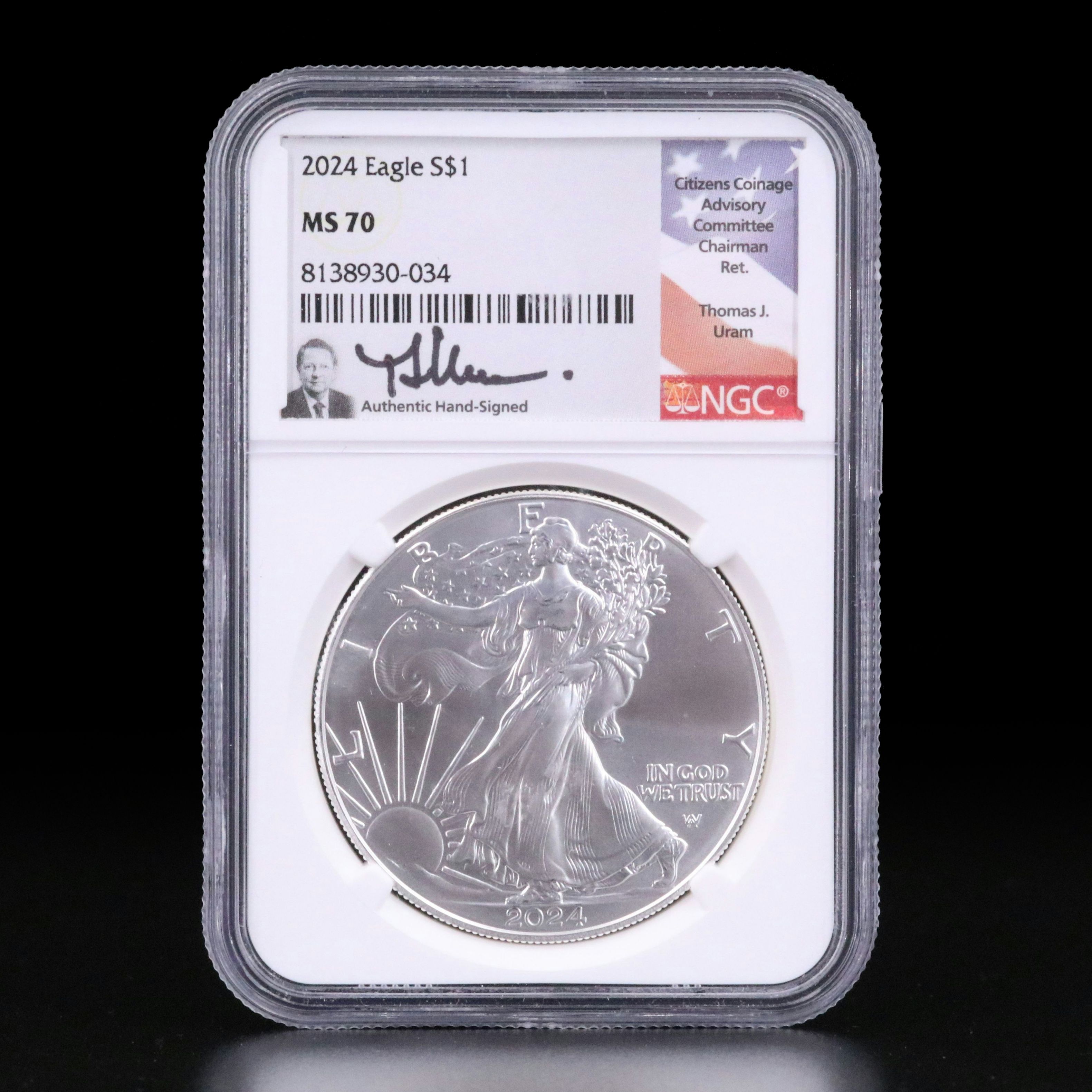 NGC Graded MS70 2024 $1 U.S. Silver Eagle Signed by Uram