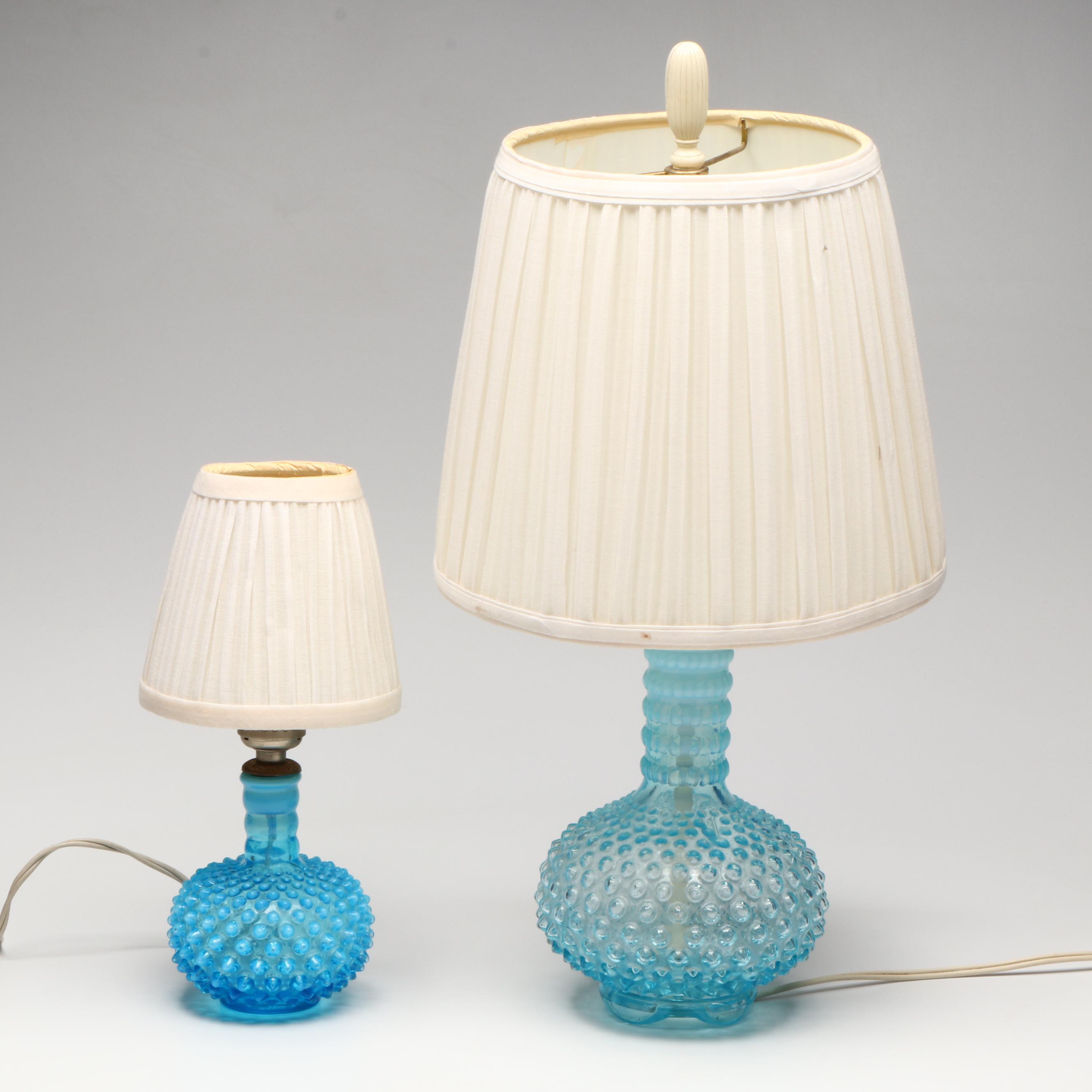 Fenton Hobnail Opalescent Blue Glass Lamps with Pleated Shades, 20th Century