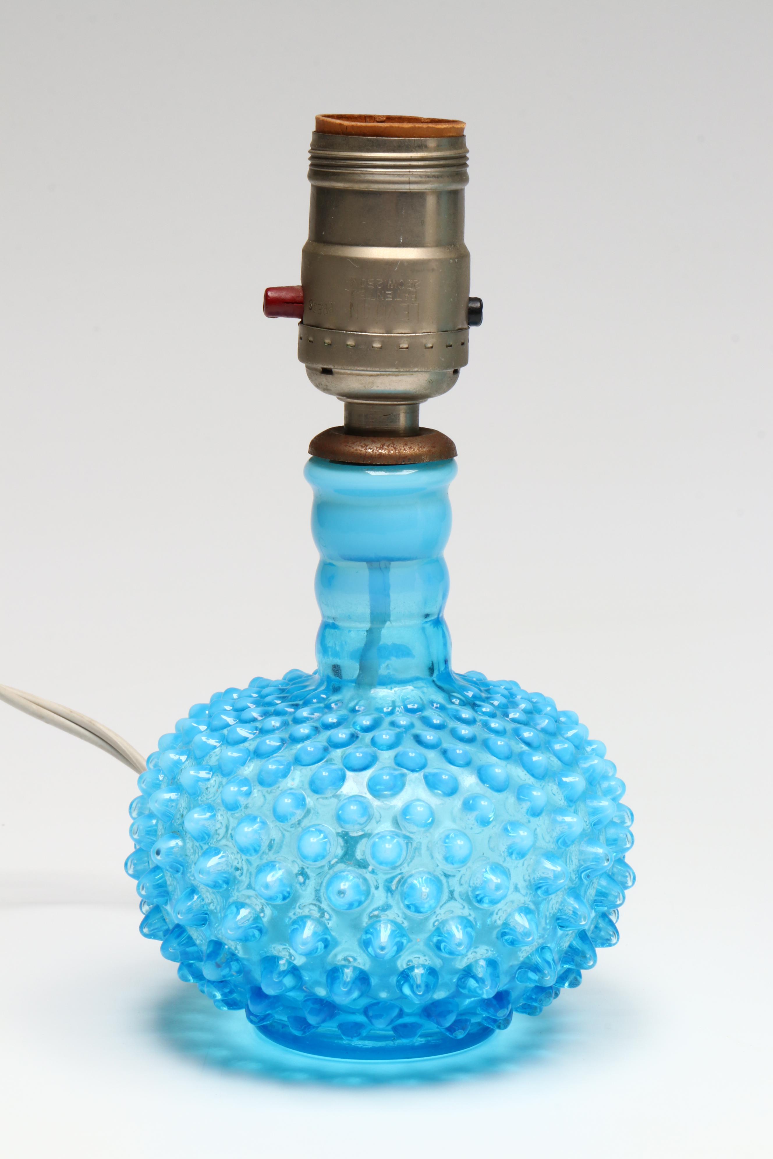 Fenton Hobnail Opalescent Blue Glass Lamps with Pleated Shades, 20th Century