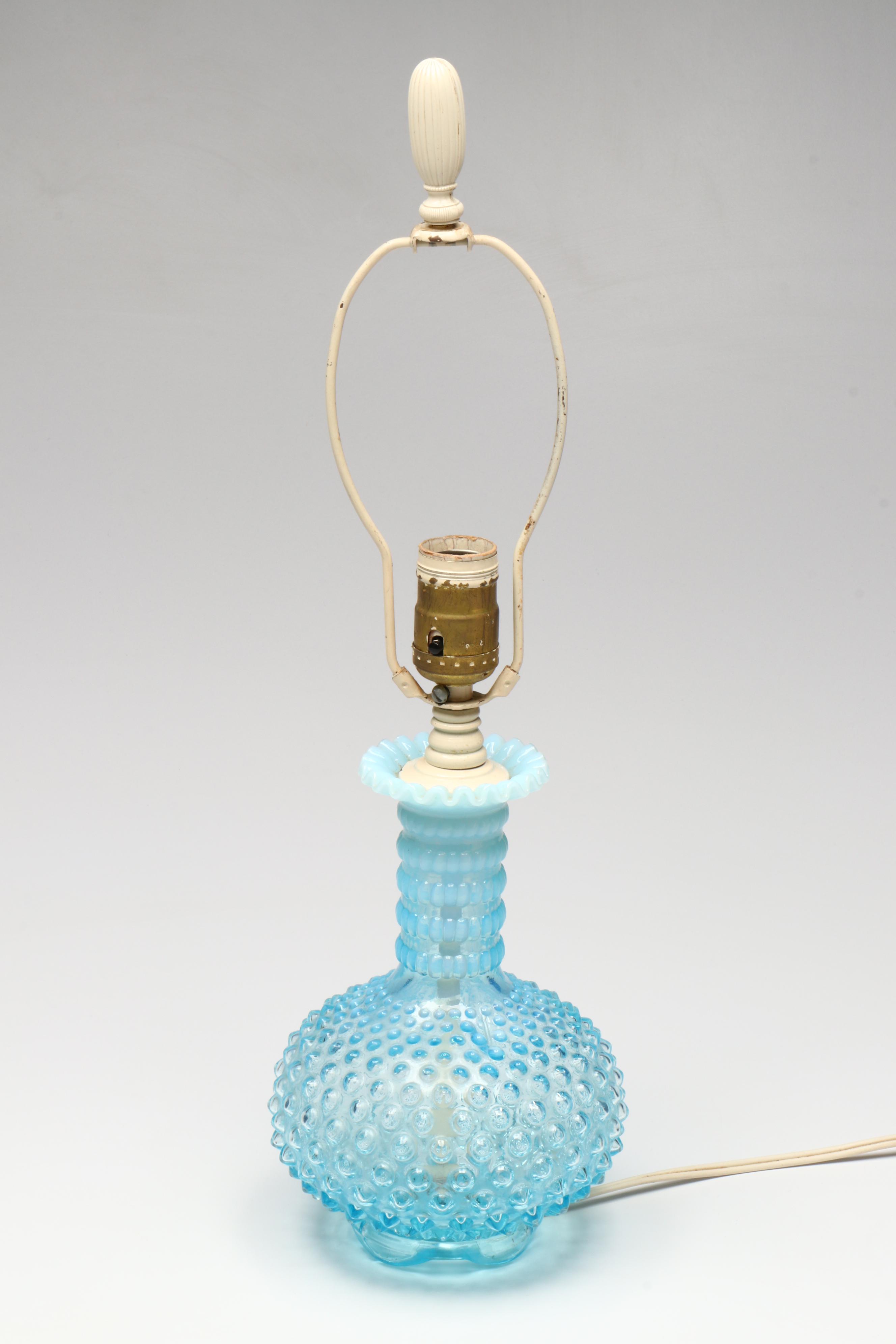 Fenton Hobnail Opalescent Blue Glass Lamps with Pleated Shades, 20th Century