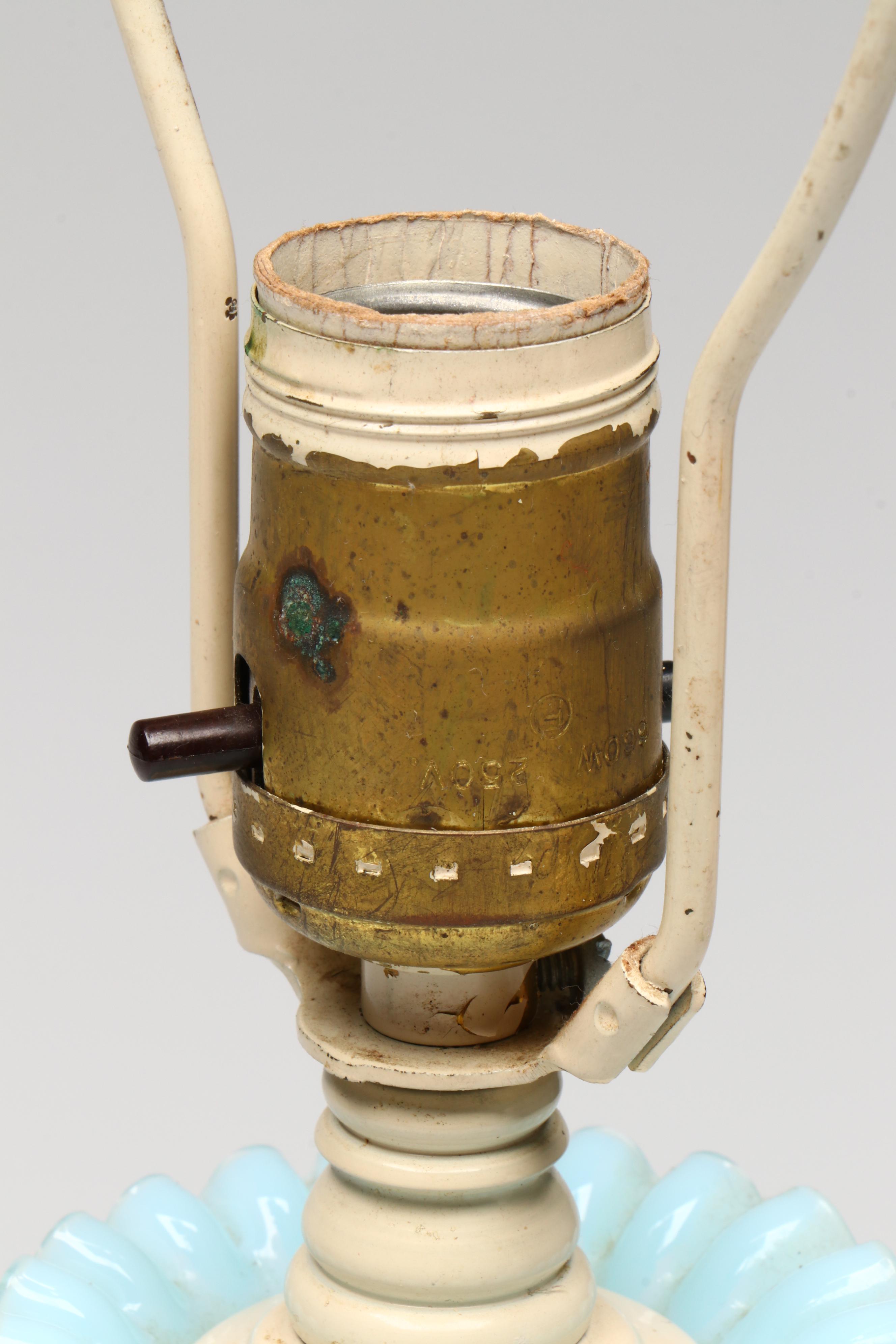 Fenton Hobnail Opalescent Blue Glass Lamps with Pleated Shades, 20th Century