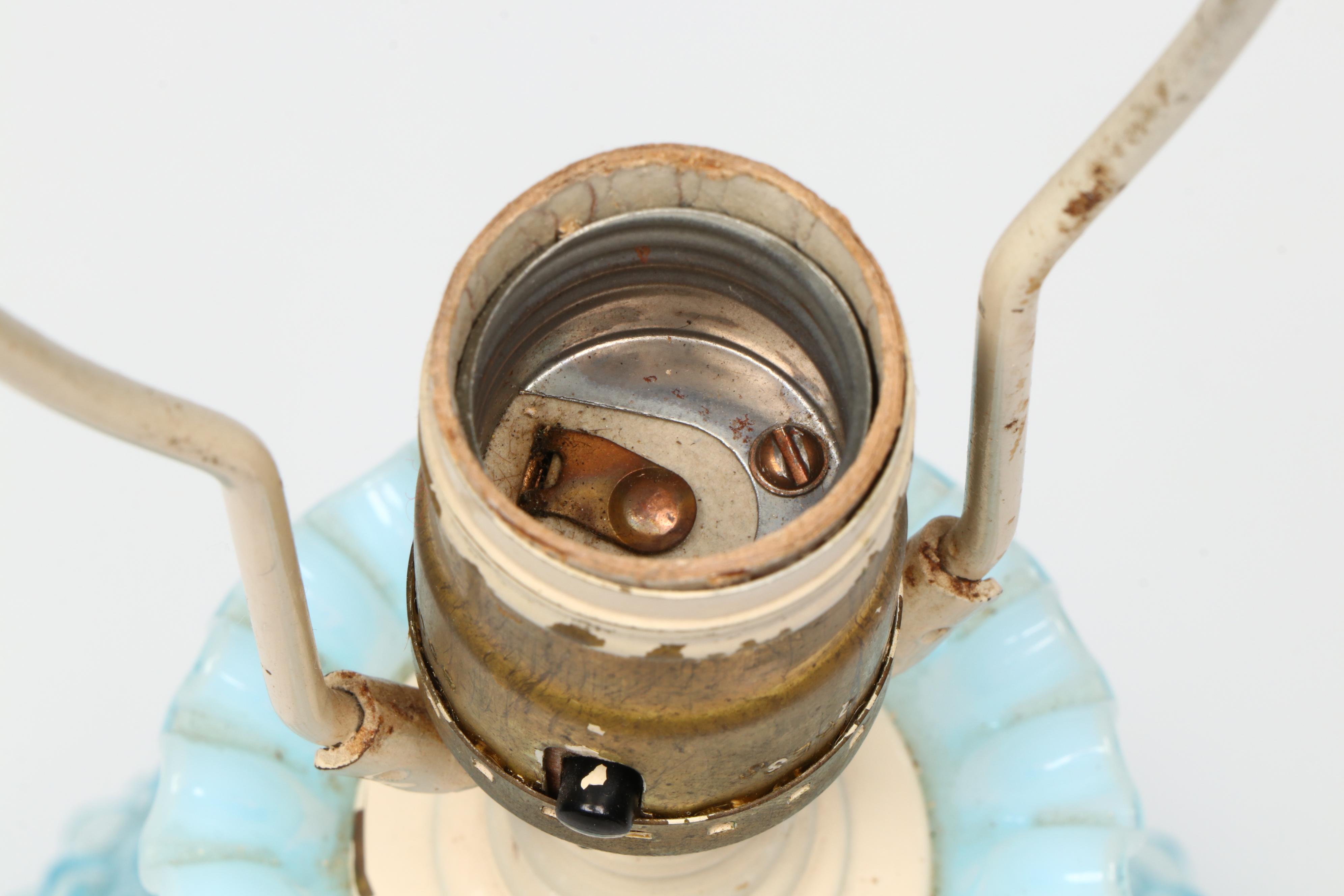 Fenton Hobnail Opalescent Blue Glass Lamps with Pleated Shades, 20th Century