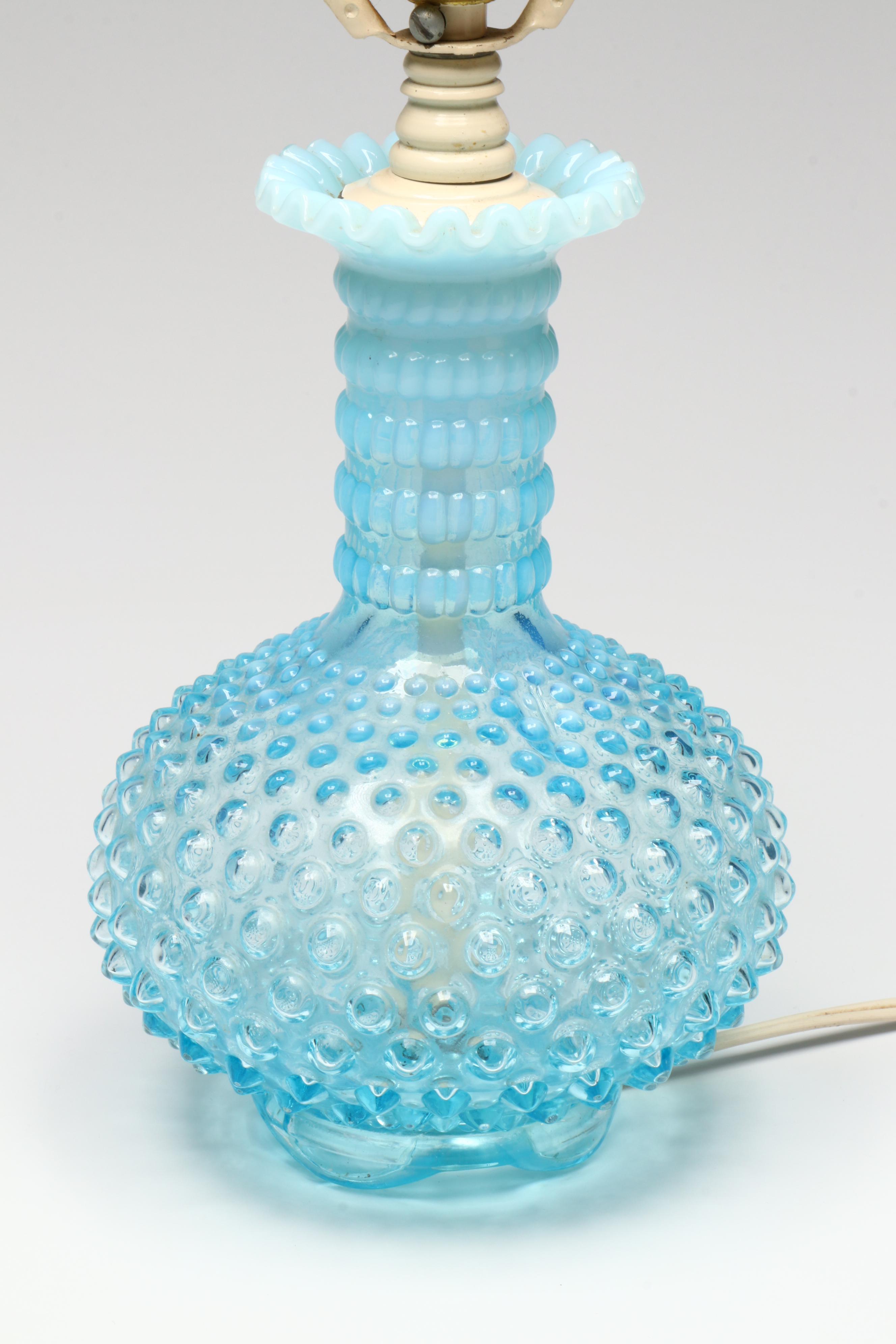 Fenton Hobnail Opalescent Blue Glass Lamps with Pleated Shades, 20th Century