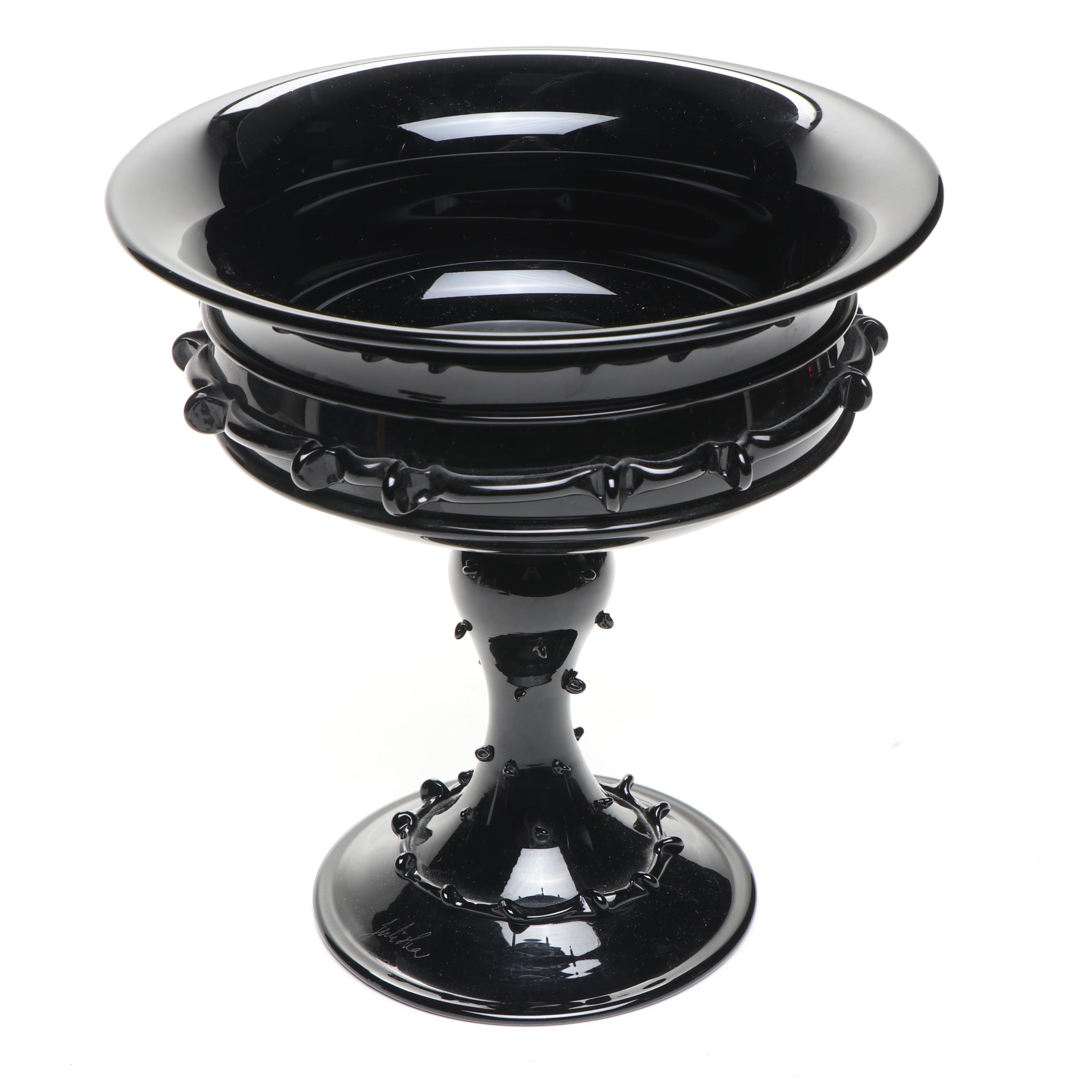 Juliska Mid Century Modern Style Black Glass Footed Compote Bowl
