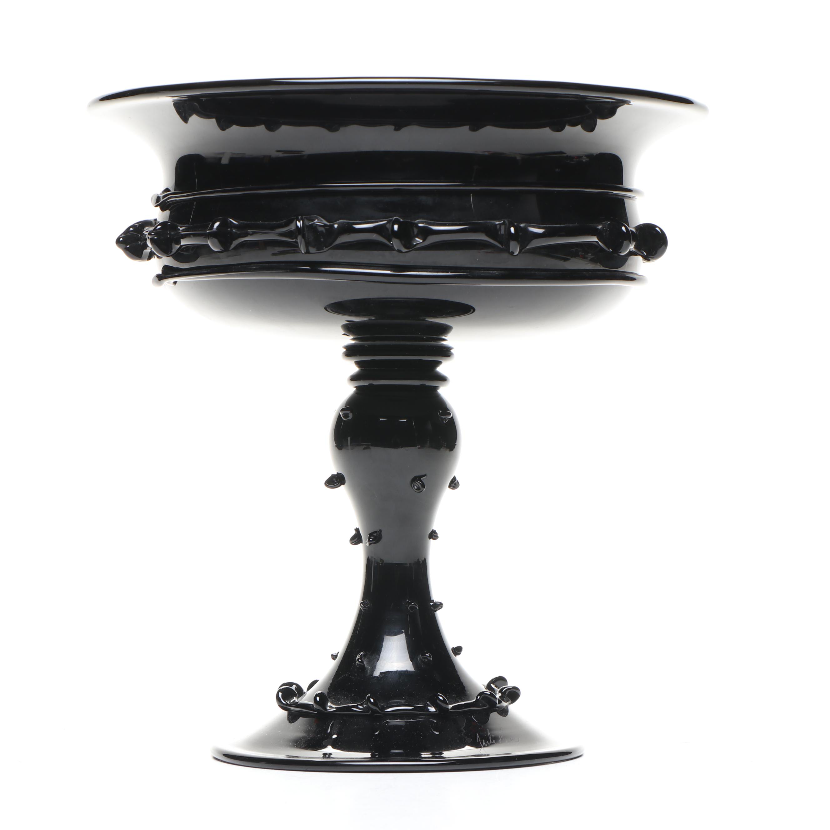 Juliska Mid Century Modern Style Black Glass Footed Compote Bowl