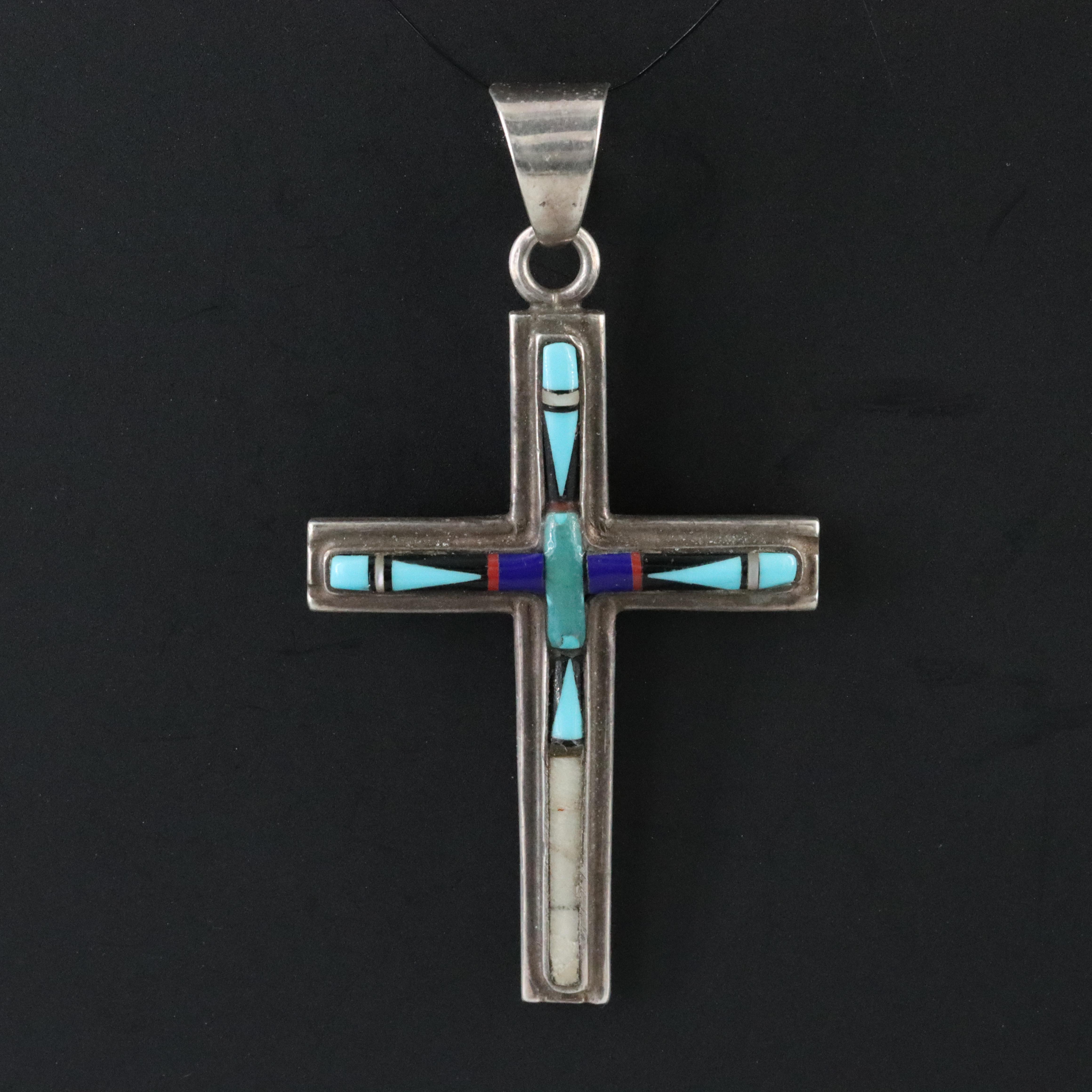Western Style Sterling Gemstone Inlay Cross Pendant