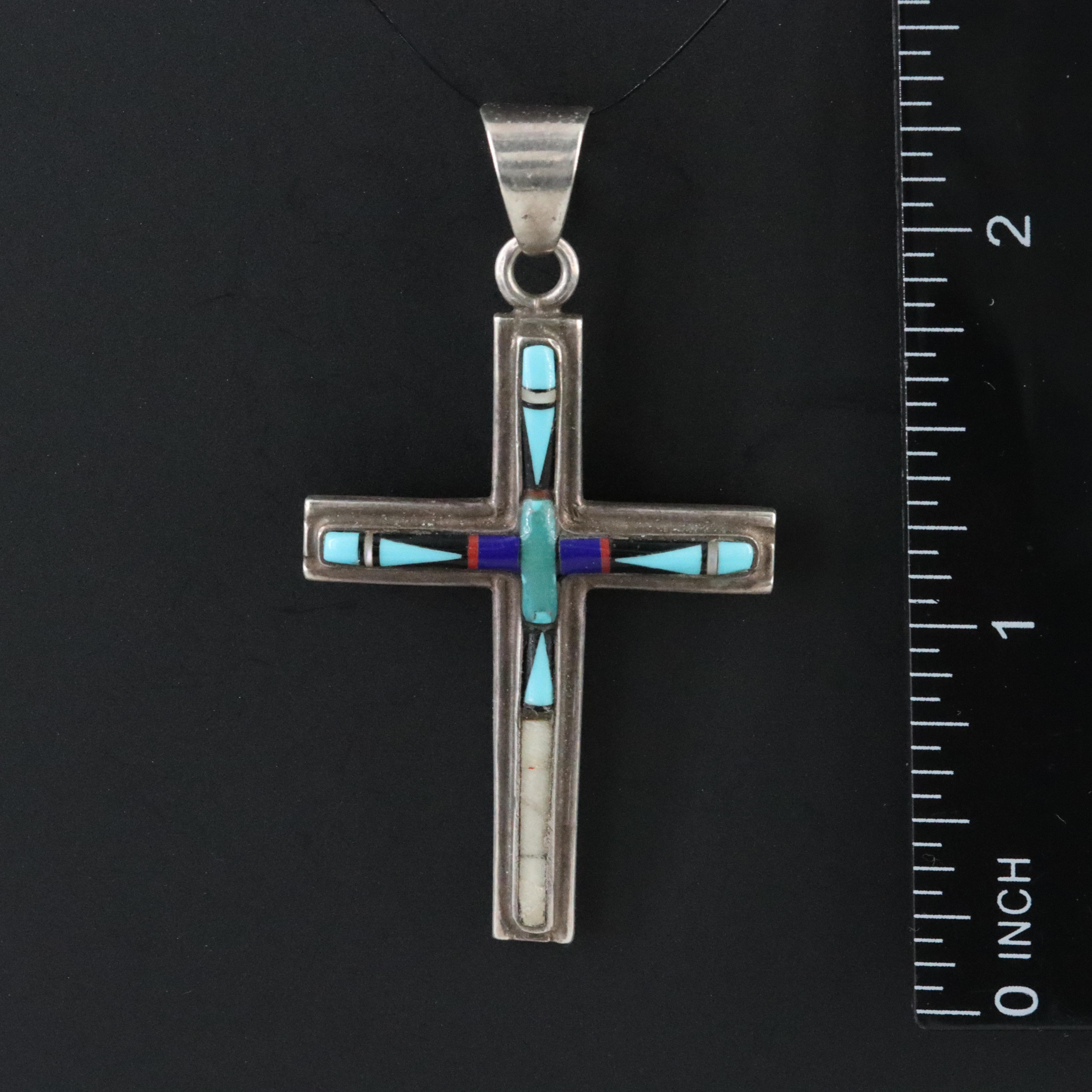 Western Style Sterling Gemstone Inlay Cross Pendant
