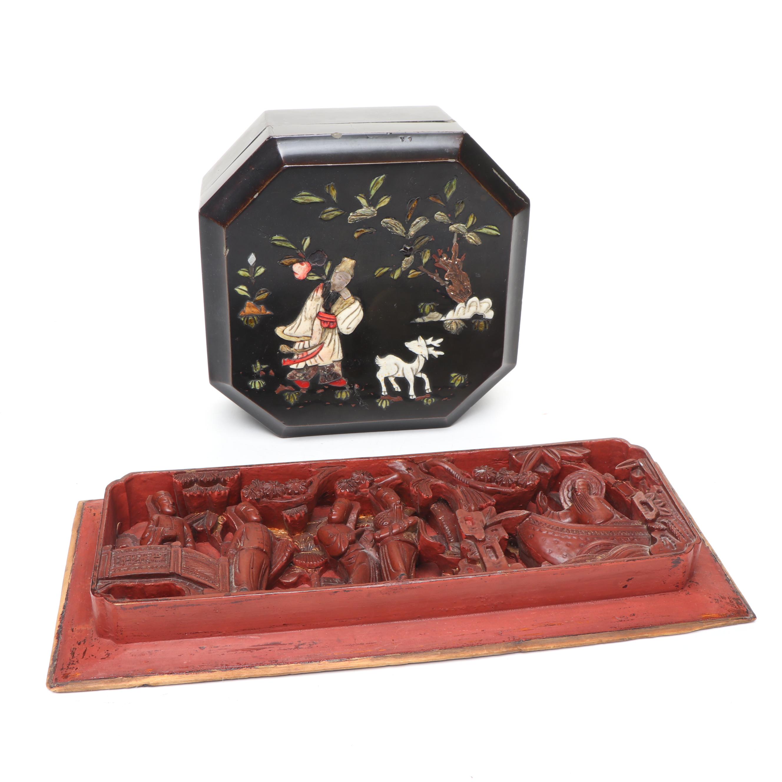 Chinese Mother-of-Pearl Inlay Wooden Box with Chinese Carved Wood Panel