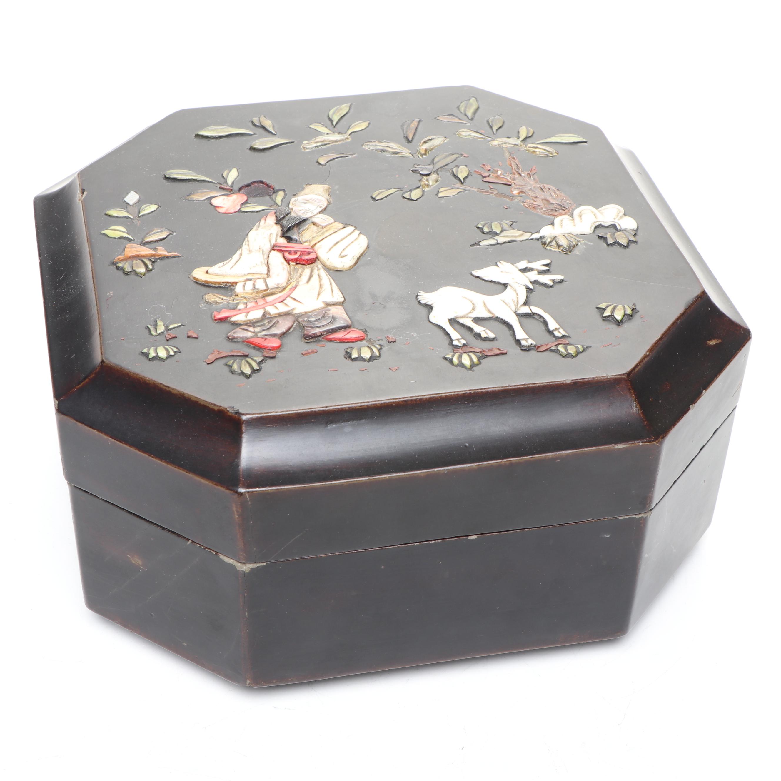 Chinese Mother-of-Pearl Inlay Wooden Box with Chinese Carved Wood Panel