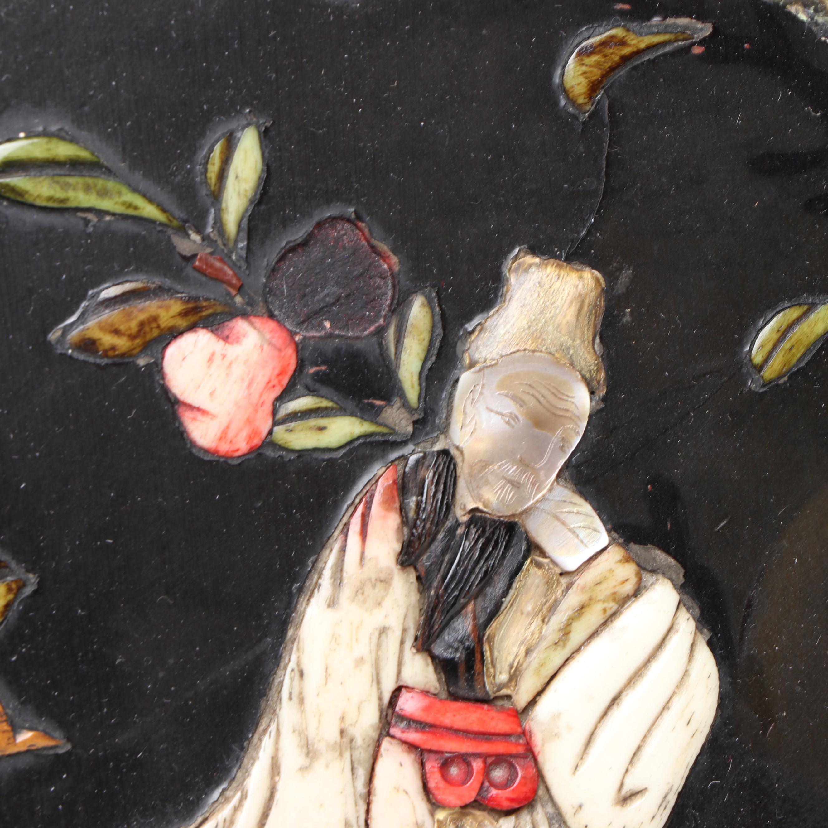 Chinese Mother-of-Pearl Inlay Wooden Box with Chinese Carved Wood Panel