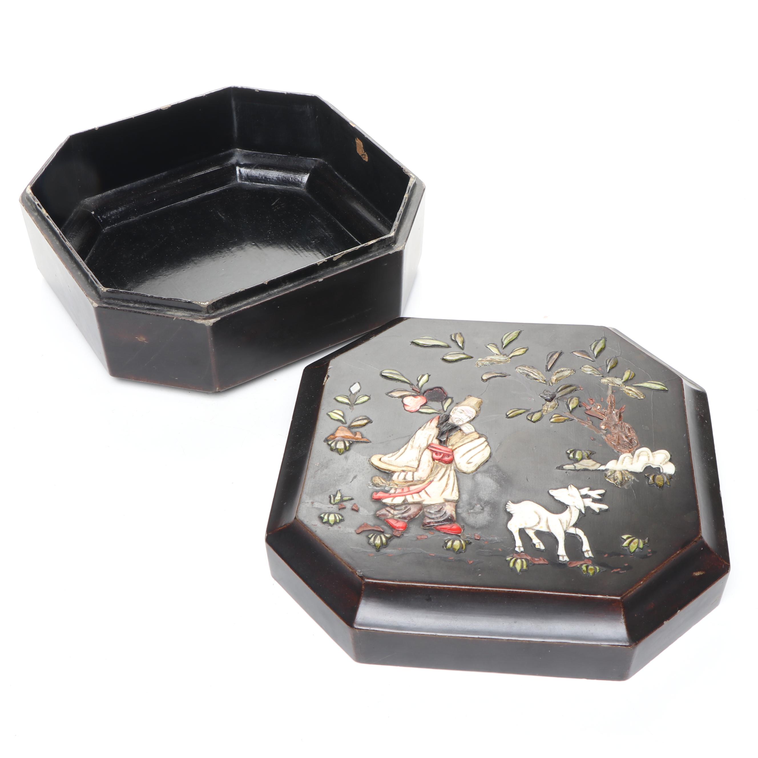 Chinese Mother-of-Pearl Inlay Wooden Box with Chinese Carved Wood Panel