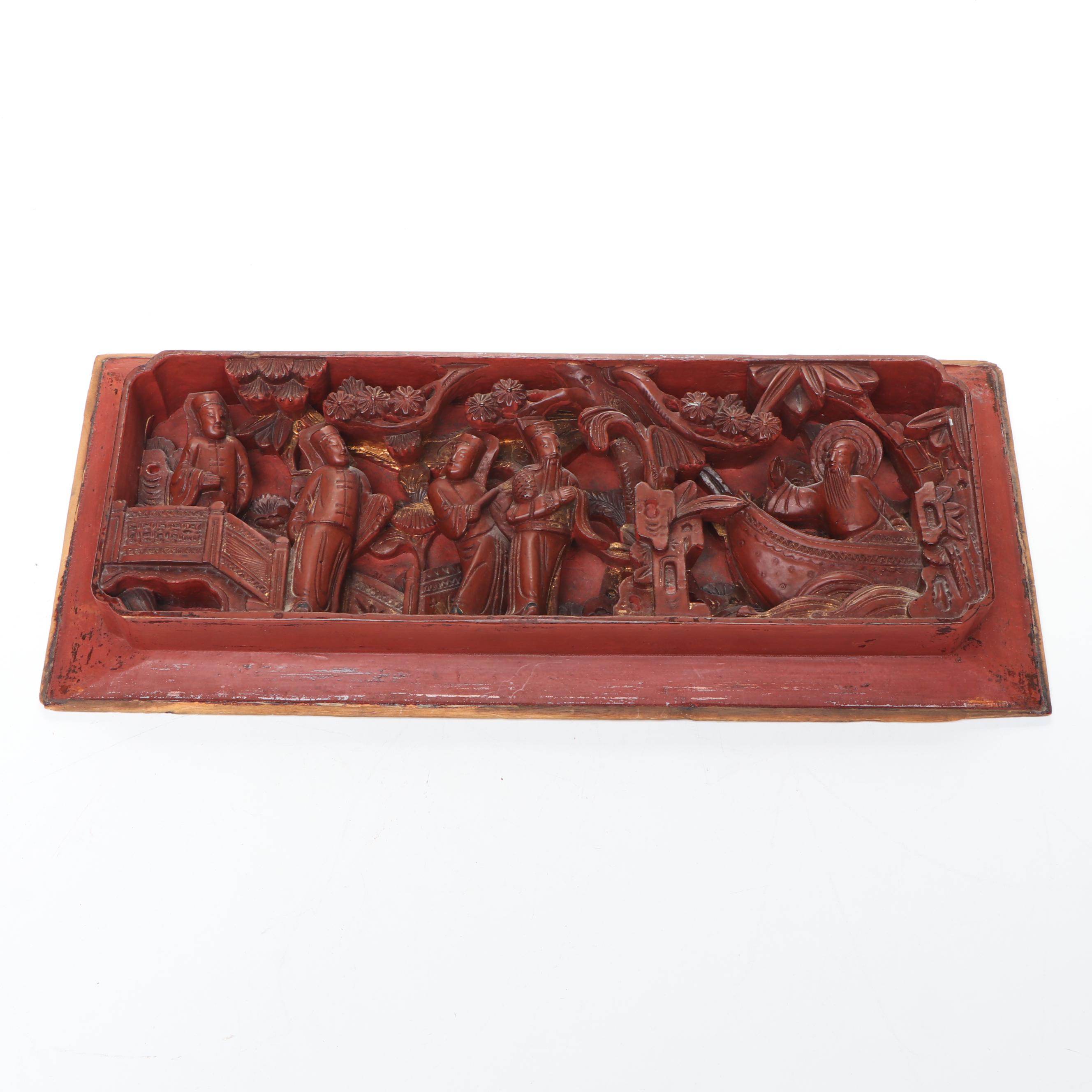 Chinese Mother-of-Pearl Inlay Wooden Box with Chinese Carved Wood Panel