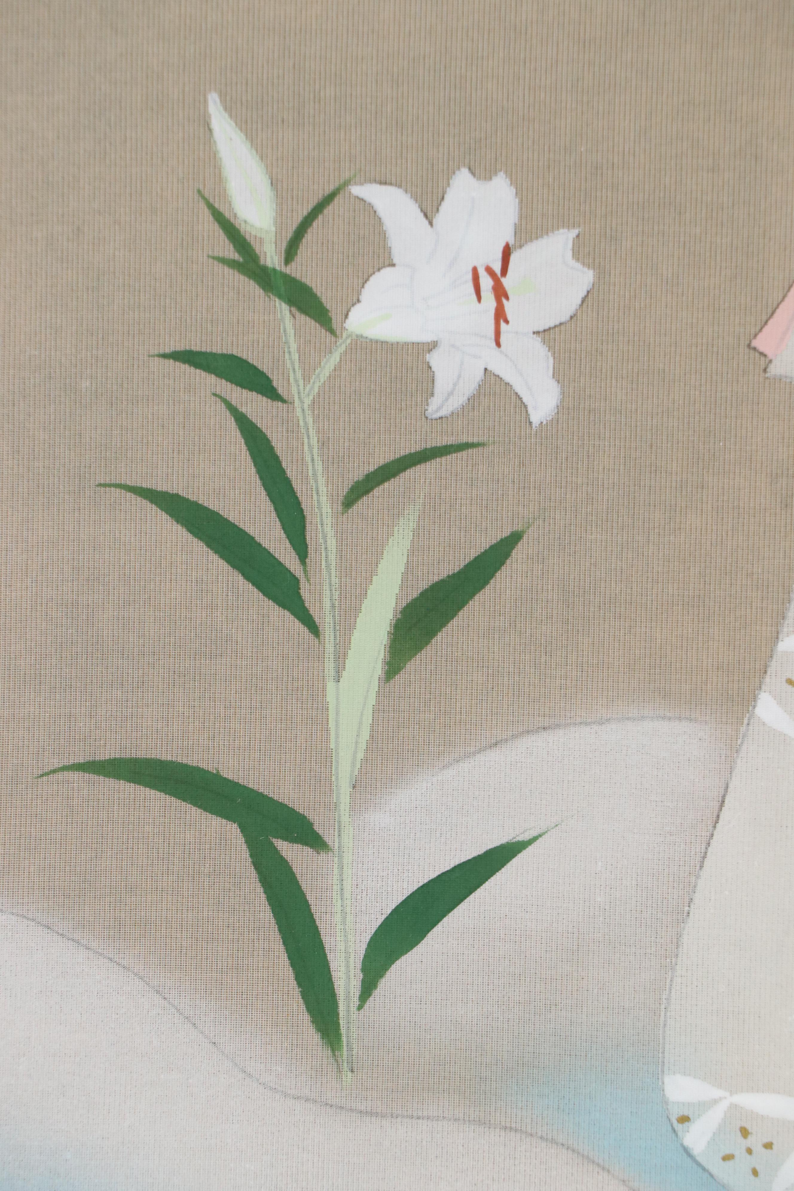 East Asian School Gouache Painting of Kneeling Woman and Lily