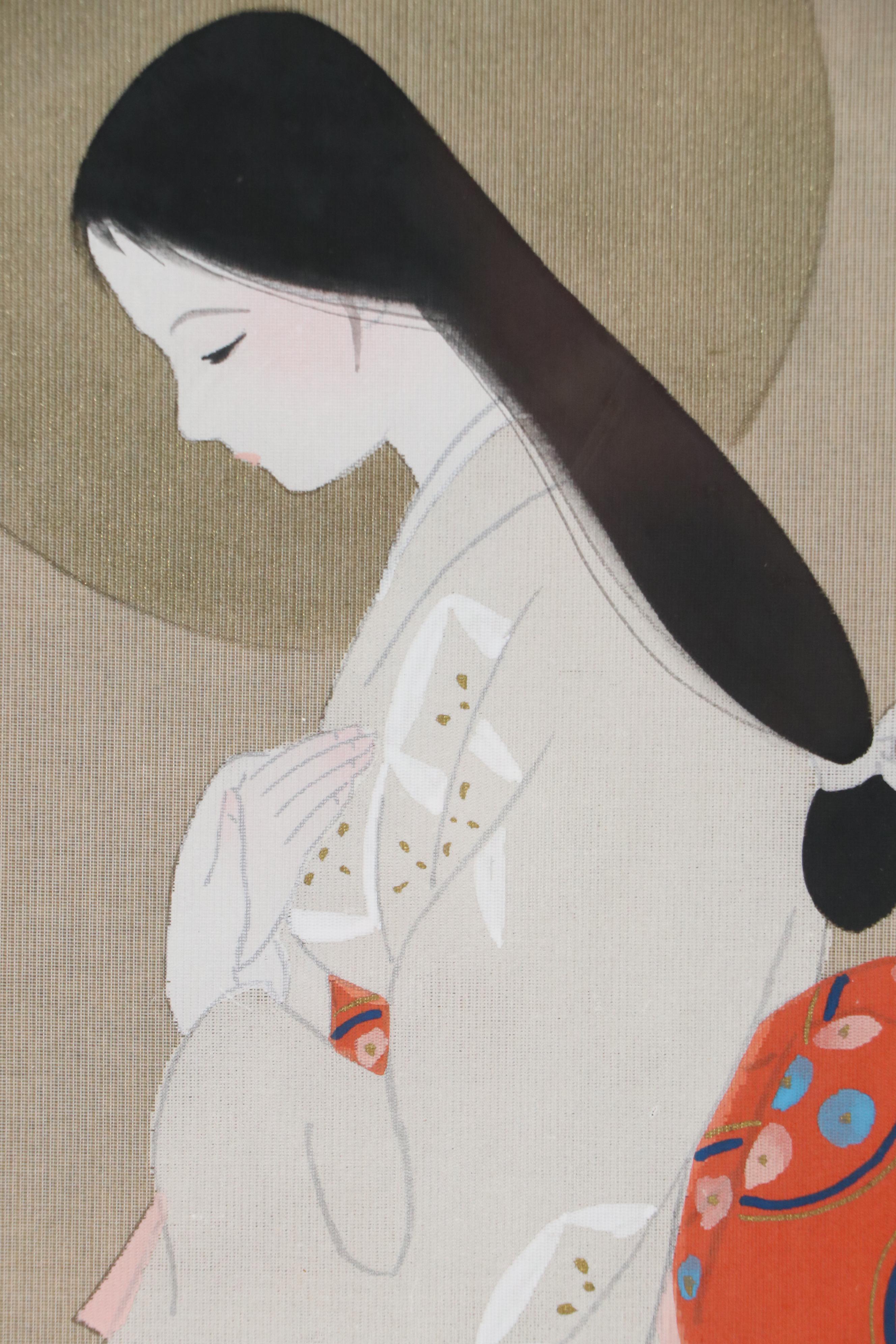 East Asian School Gouache Painting of Kneeling Woman and Lily