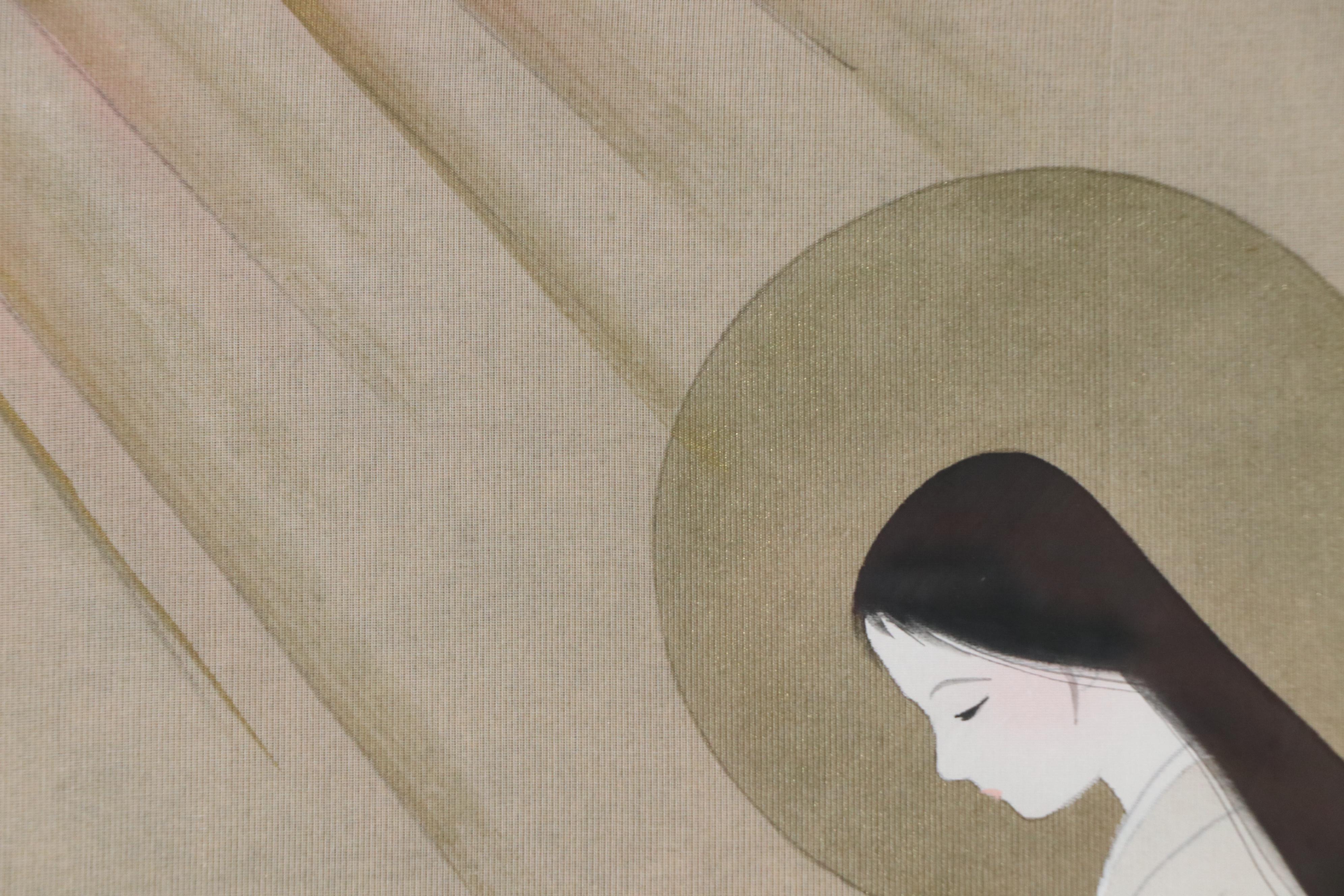 East Asian School Gouache Painting of Kneeling Woman and Lily