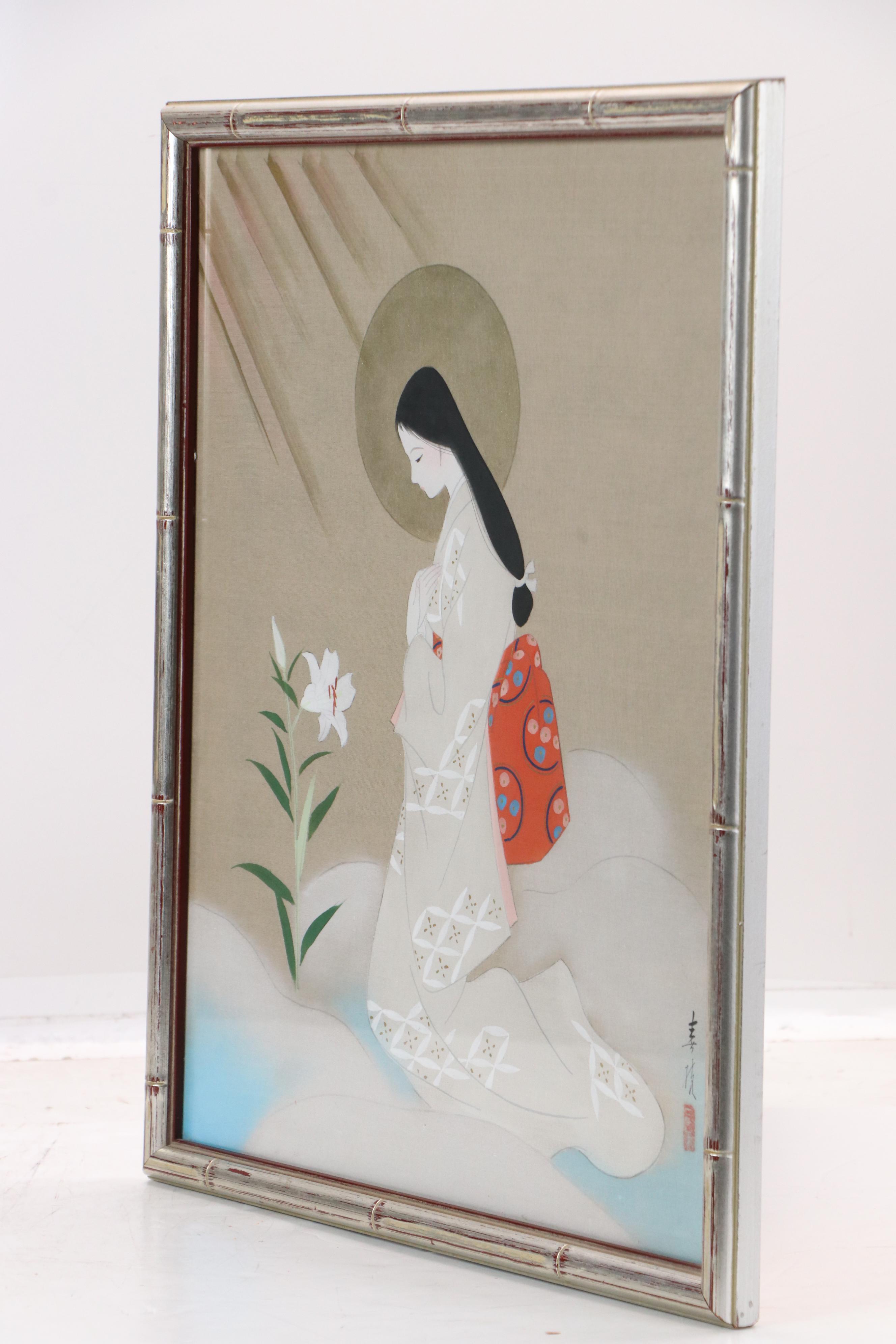 East Asian School Gouache Painting of Kneeling Woman and Lily
