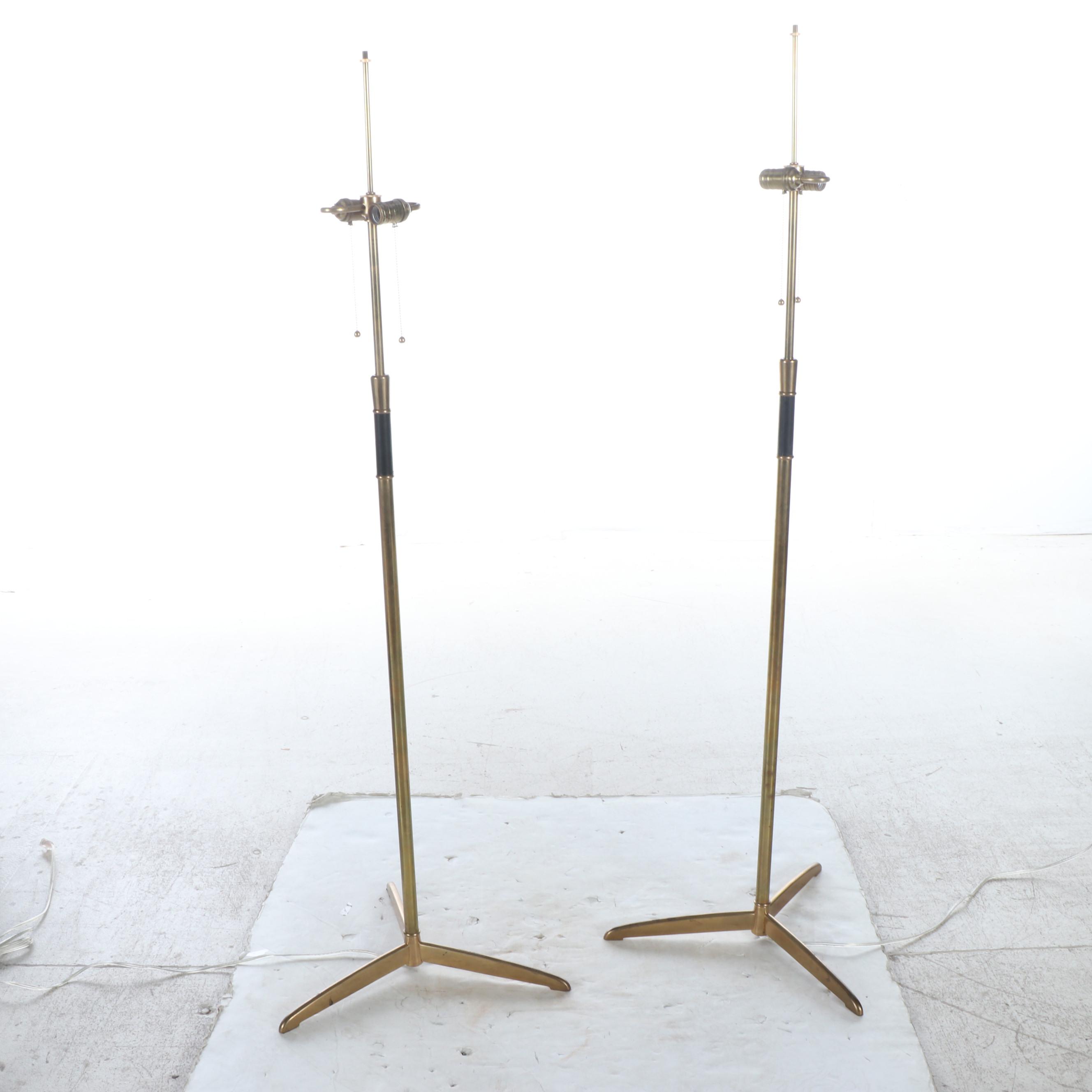 Pair of Gilt Metal & Black Enamel Floor Lamps, Cotton Drum Shades with Diffusers