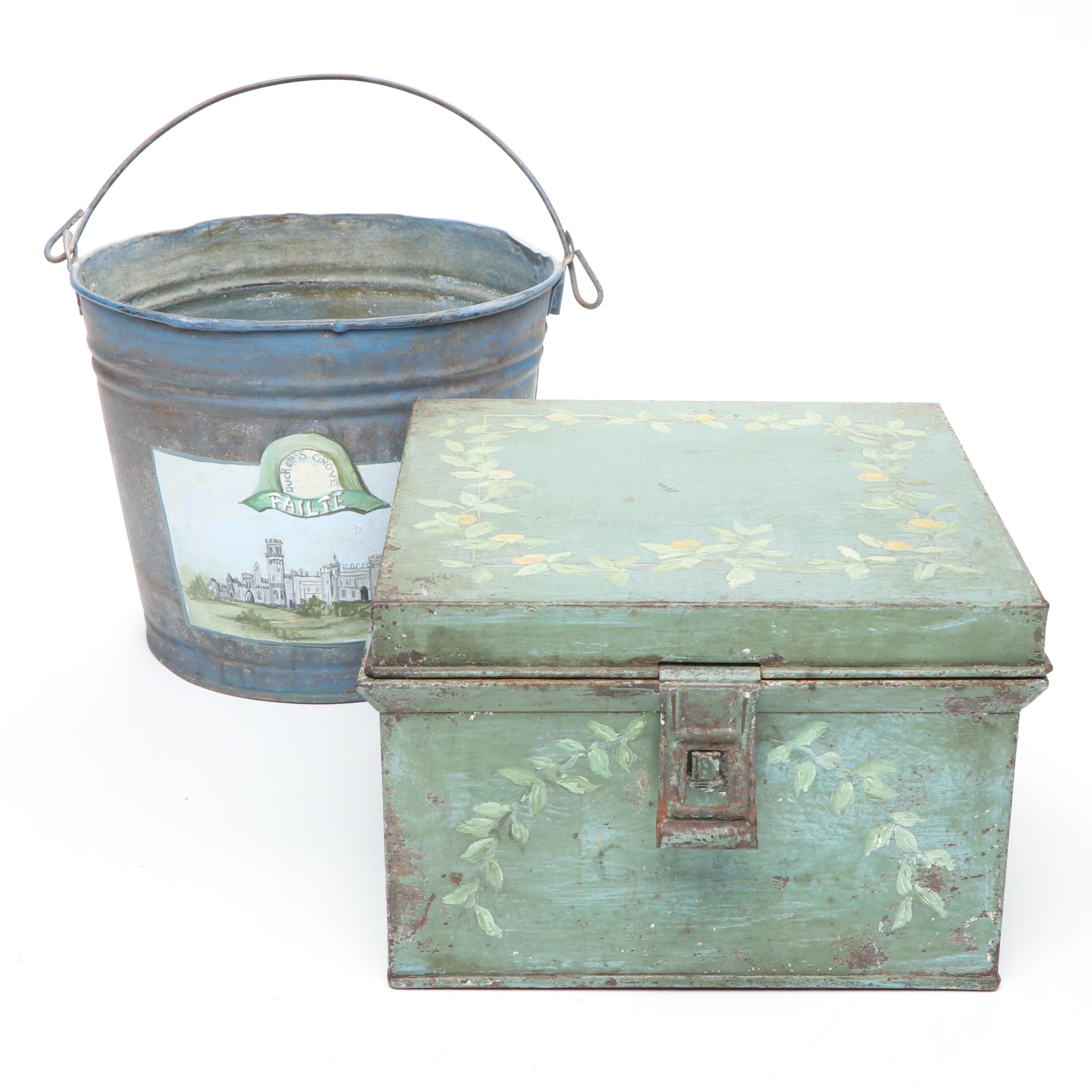 Folk Art Style Hobbiest Hand-Painted Fries Metal Bread Box with Bucket