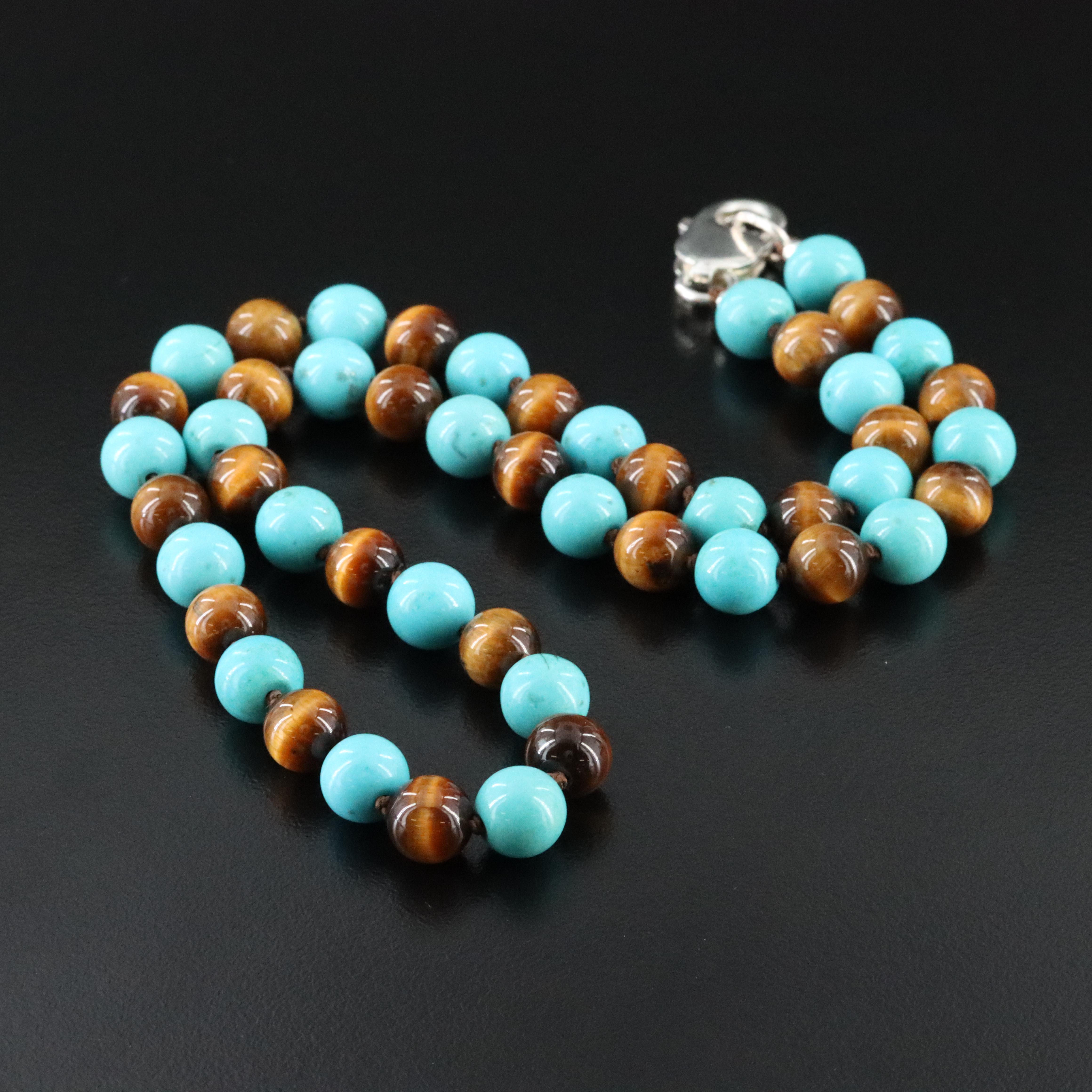 Tiger's Eye and Magnesite Bead Necklace with Sterling Clasp