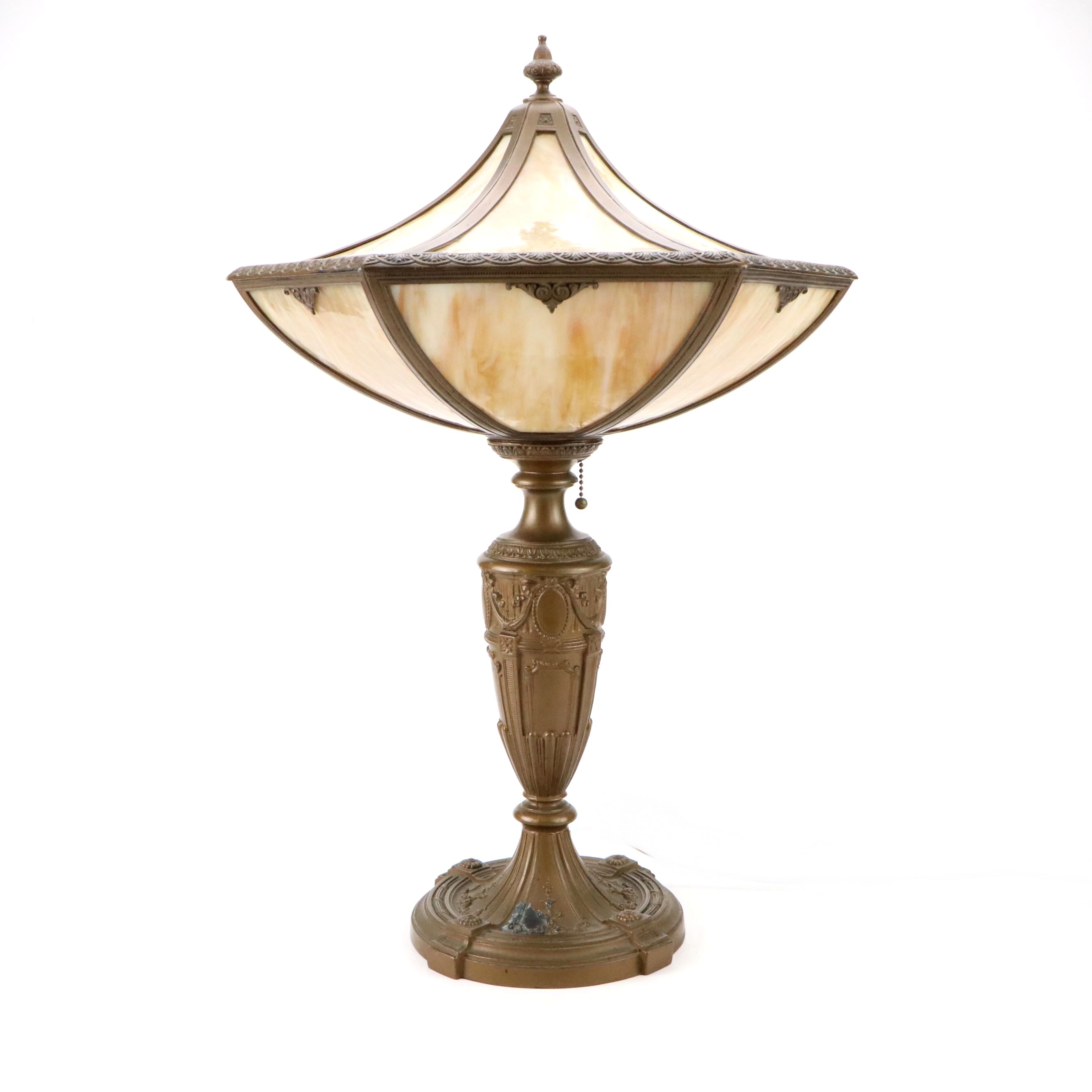 Empire Revival Style Bronzed Spelter Lamp & Bent Panel Slag Glass Double Shade