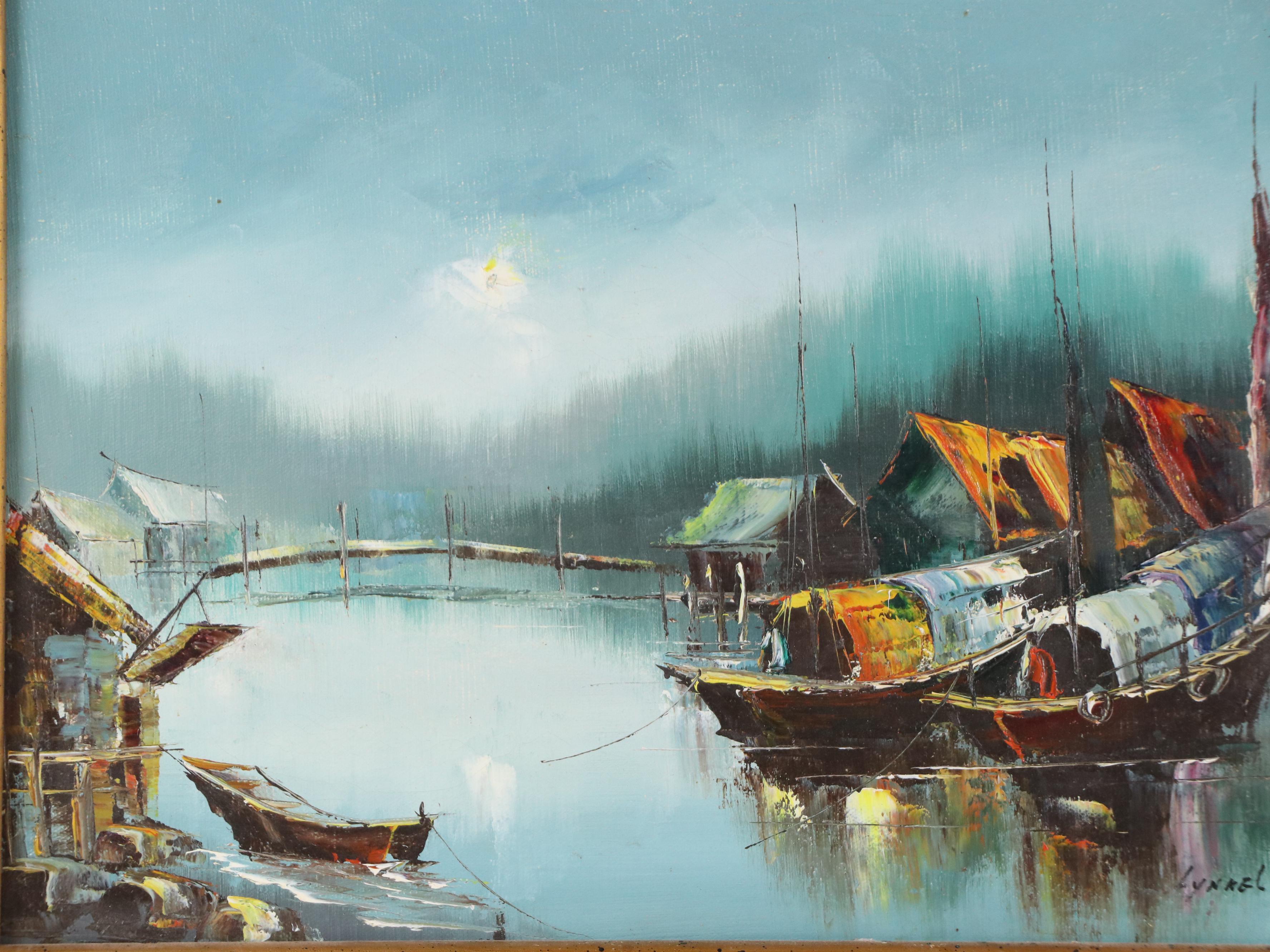 Oil Painting of East Asian Harbor Scene, Mid-20th Century