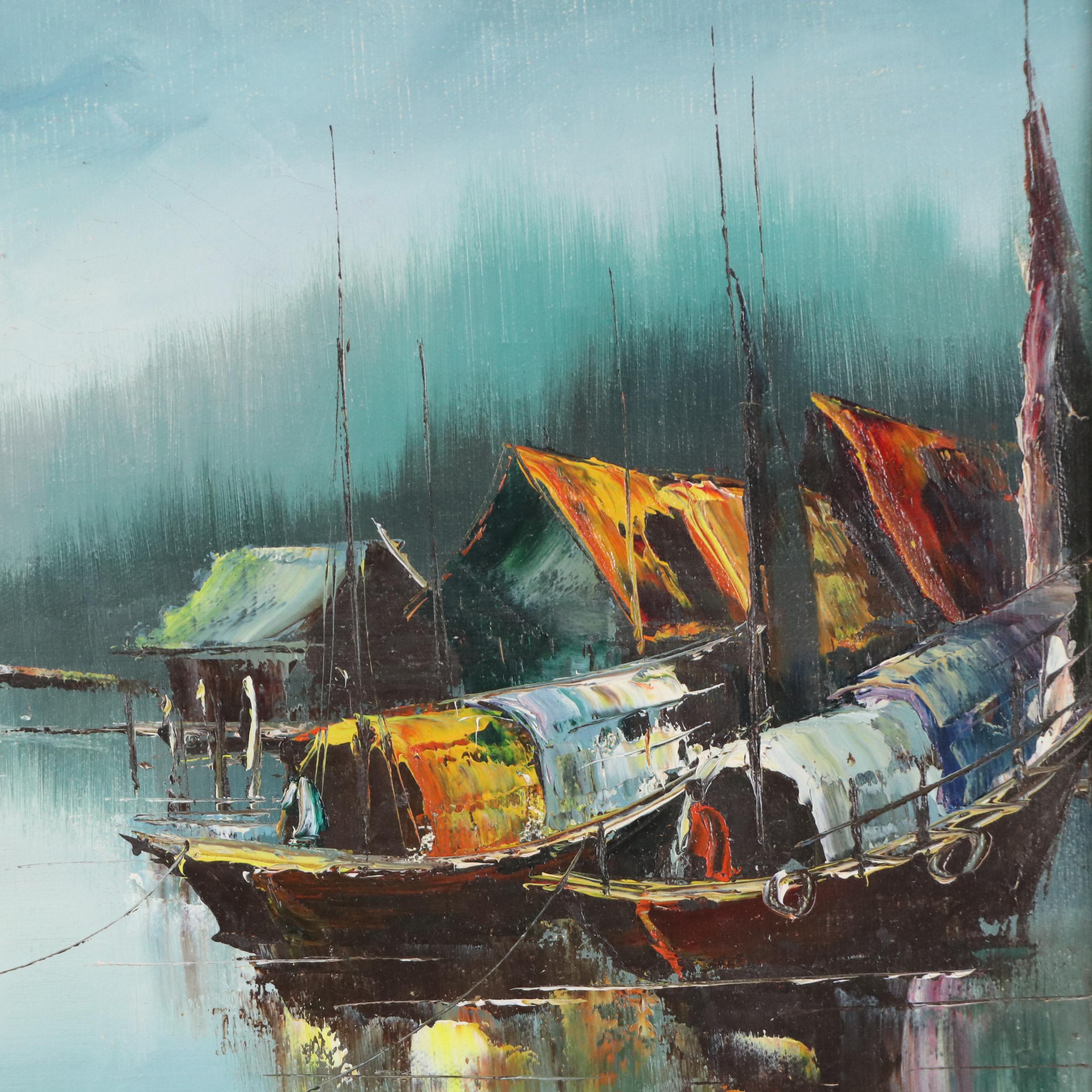 Oil Painting of East Asian Harbor Scene, Mid-20th Century
