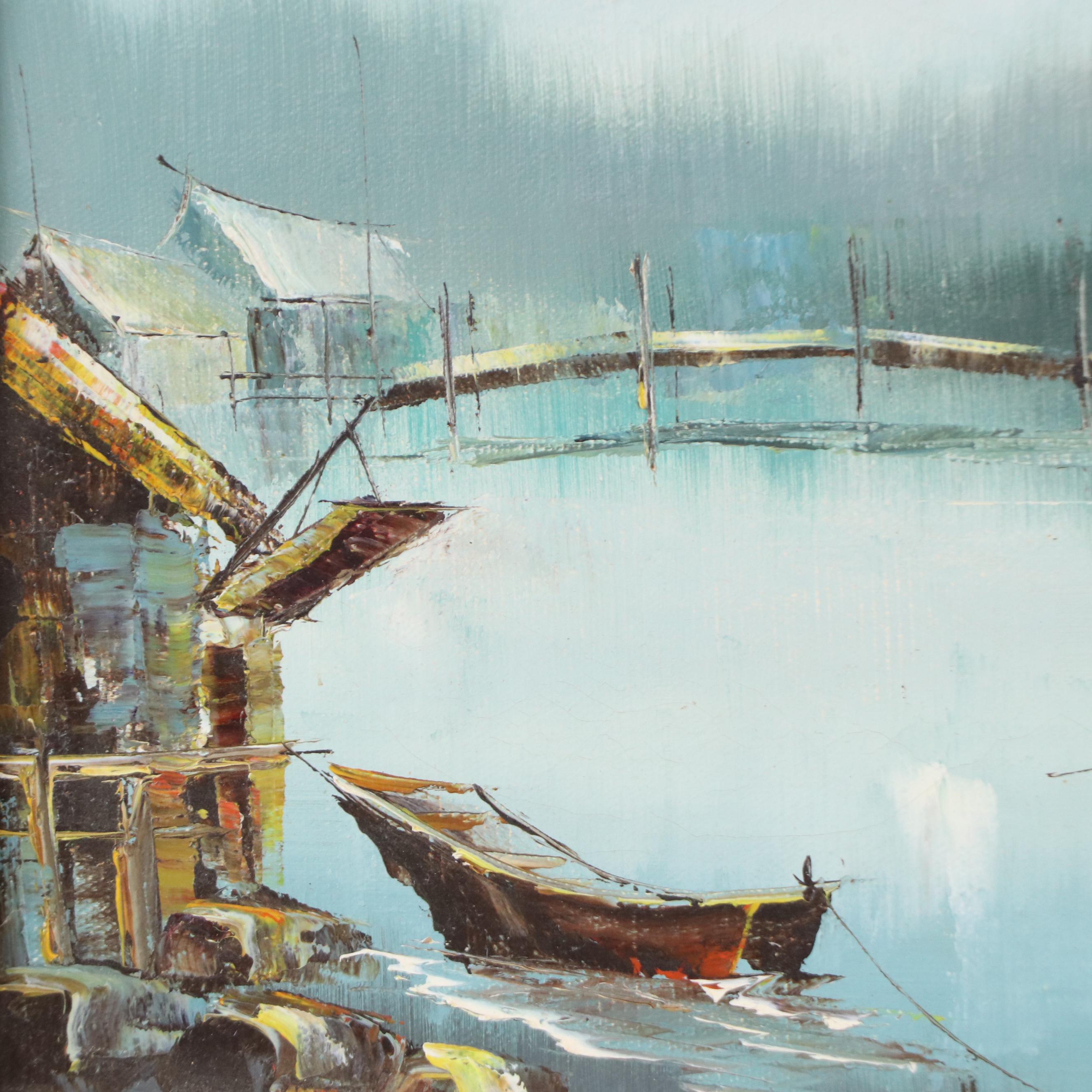 Oil Painting of East Asian Harbor Scene, Mid-20th Century