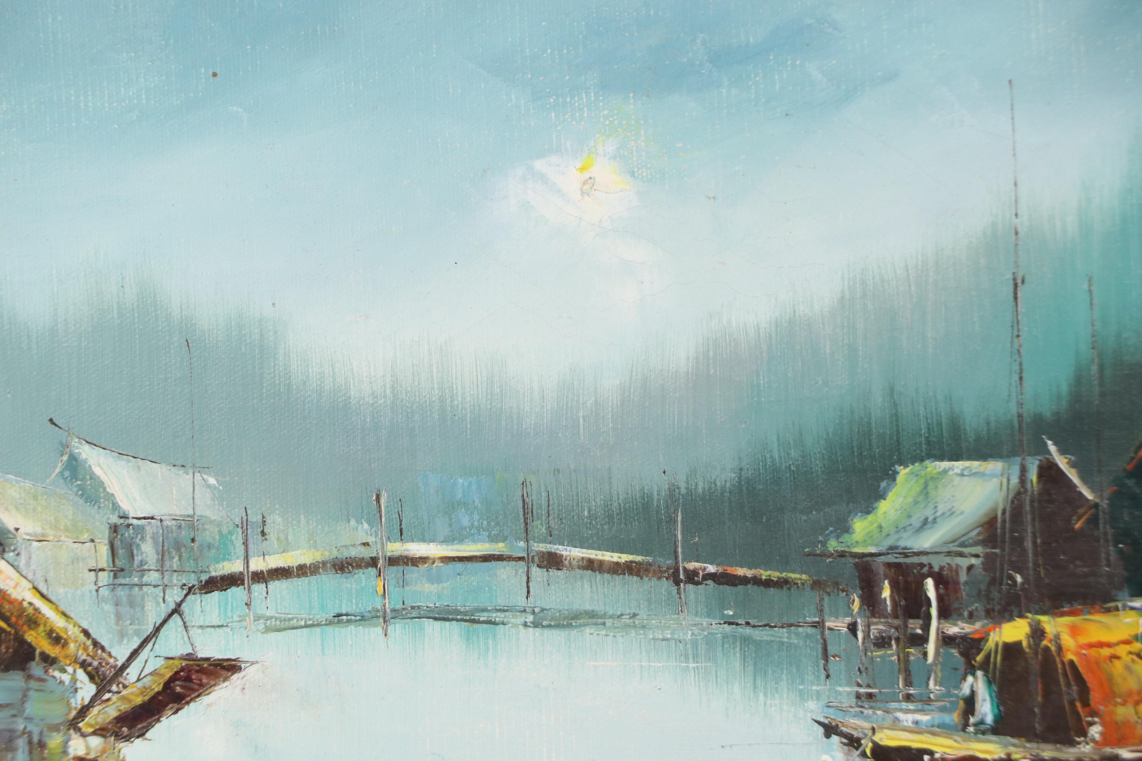 Oil Painting of East Asian Harbor Scene, Mid-20th Century