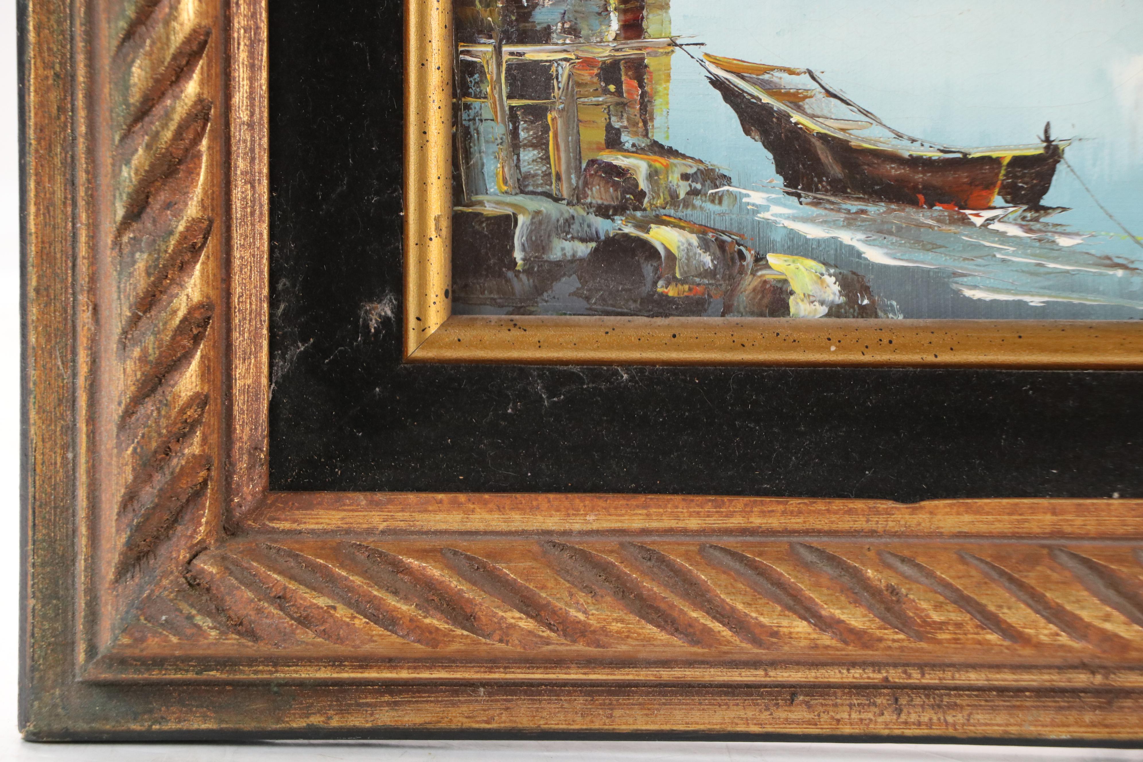 Oil Painting of East Asian Harbor Scene, Mid-20th Century