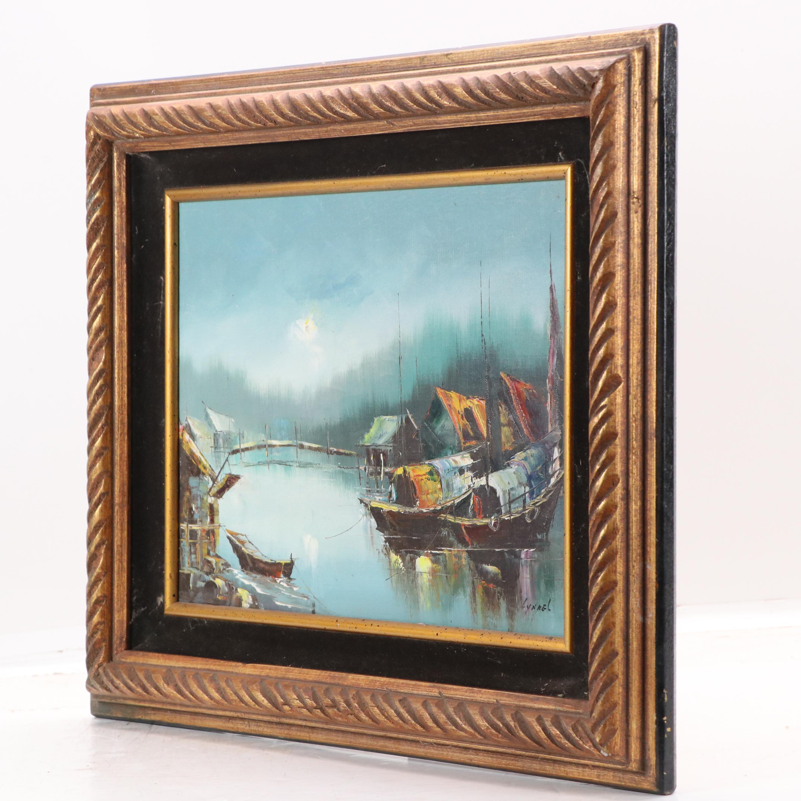 Oil Painting of East Asian Harbor Scene, Mid-20th Century