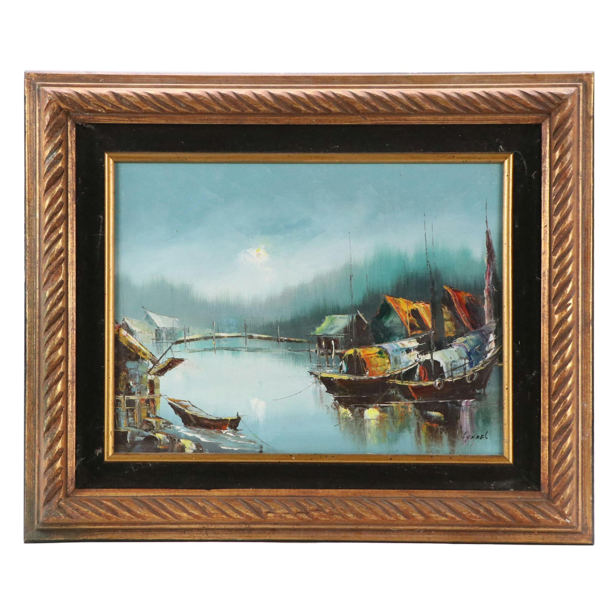 Oil Painting of East Asian Harbor Scene, Mid-20th Century