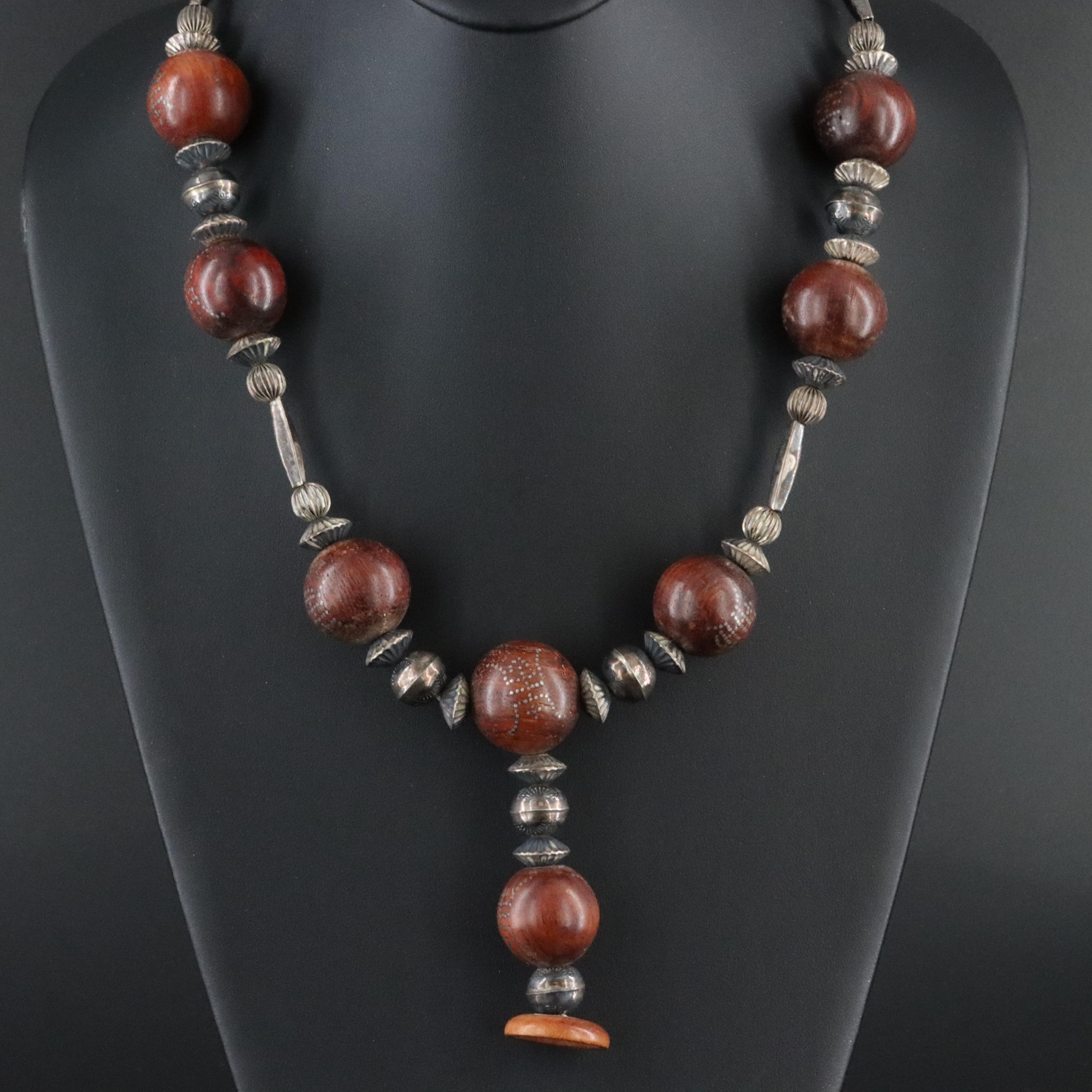 Chinese Wood "Good Fortune", 800 Silver and Sterling Bead Assemblage Necklace