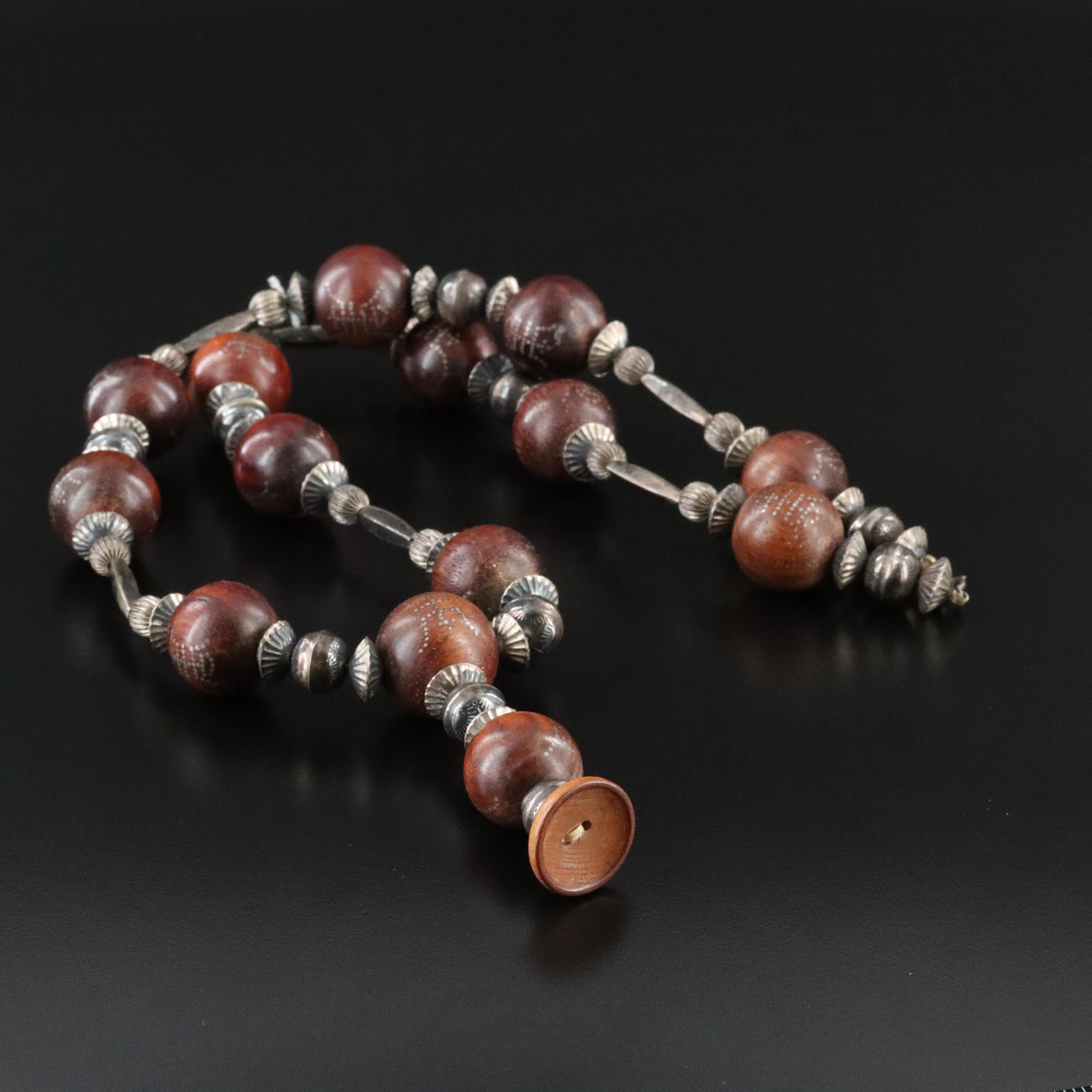 Chinese Wood "Good Fortune", 800 Silver and Sterling Bead Assemblage Necklace