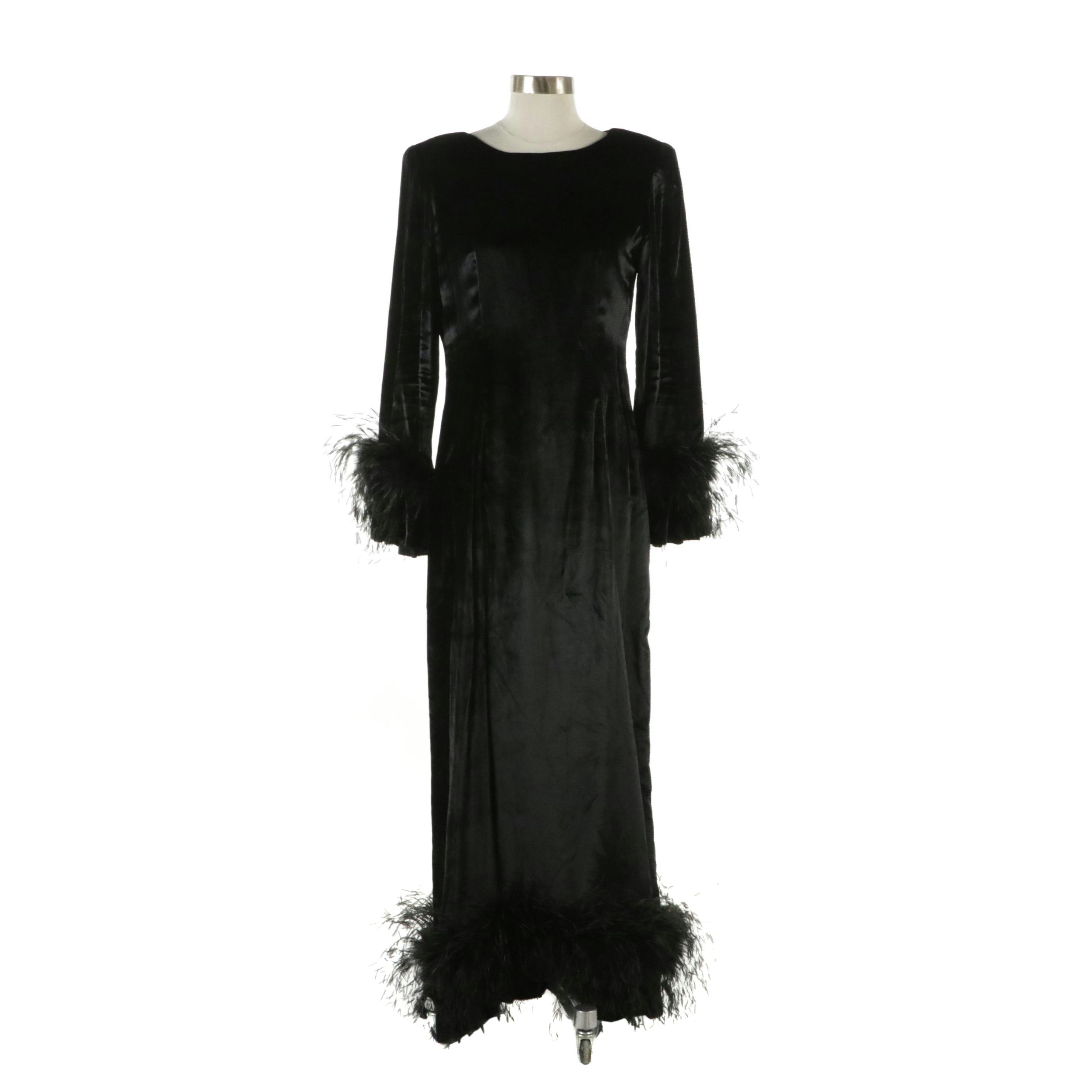 Tarquin Ebker Vintage Black Feather Trimmed Velvet Gown, 1970s