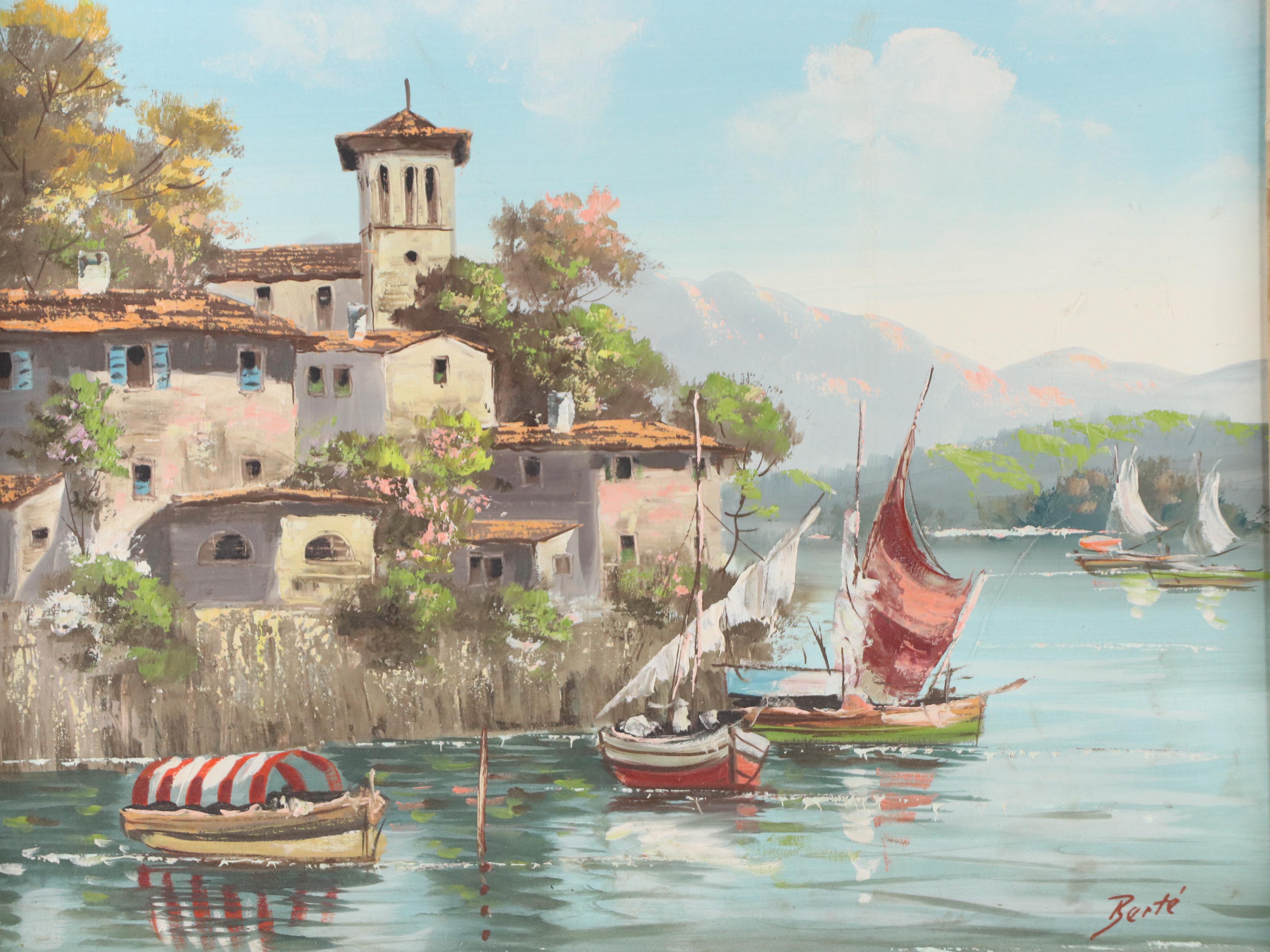 Henri Berté Oil Painting of Villas on a Harbor, Mid-20th Century